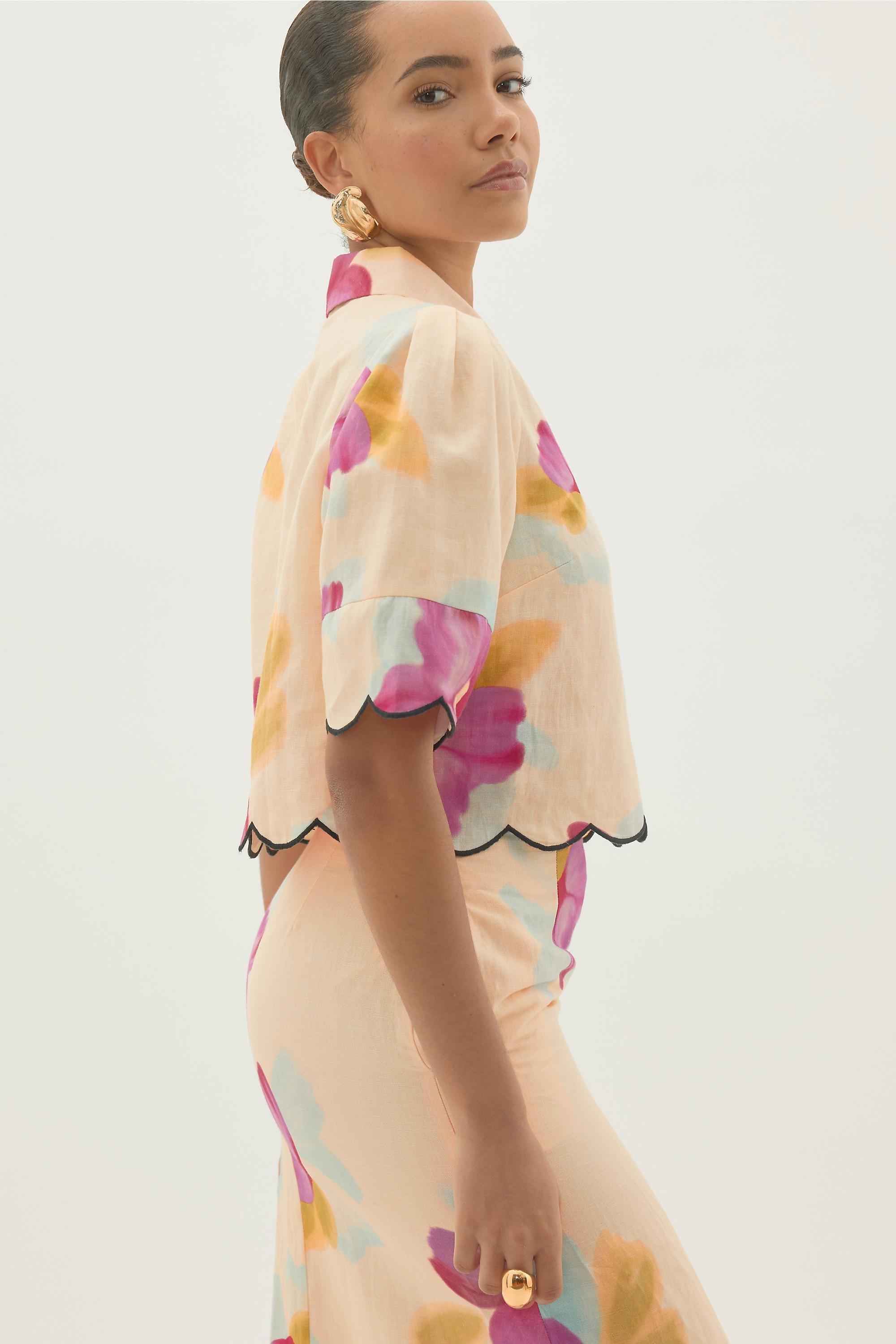 By Anthropologie Cotton-Linen Floral Scallop Shirt, Multicolour, A501_0000, large image number 4