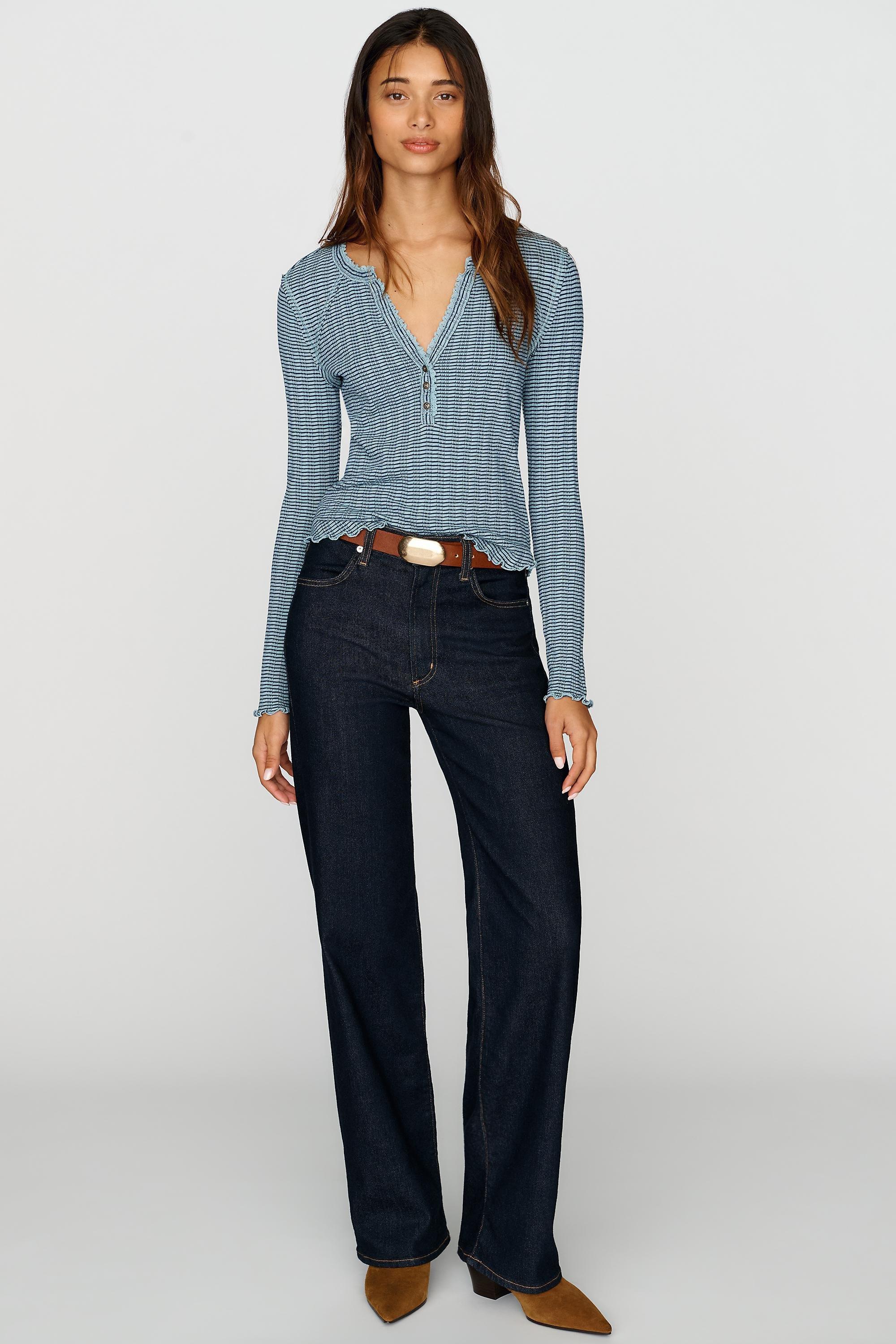 Anthropologie Pilcro Long-Sleeve Ruffled Lace-Trim Top, Blue | Azadea UAE