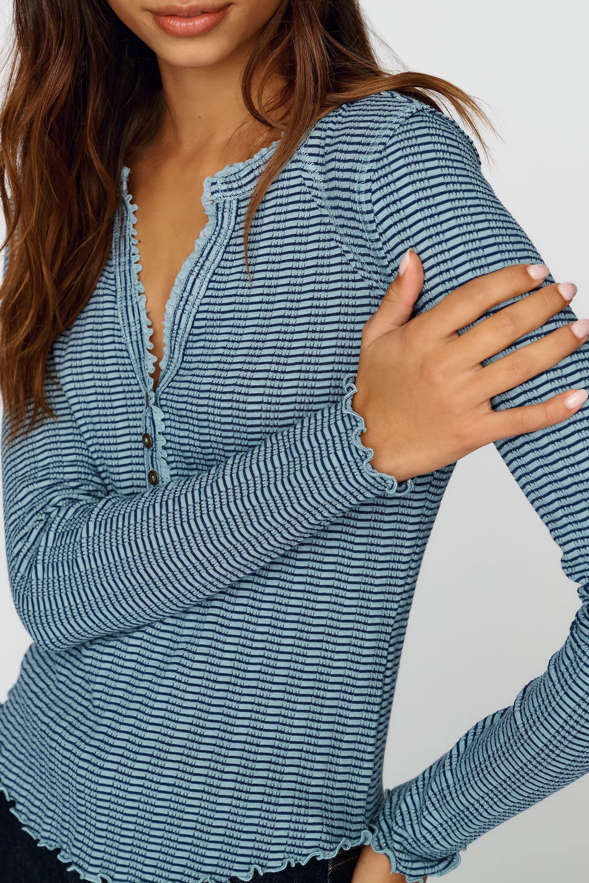 Anthropologie Pilcro Long-Sleeve Ruffled Lace-Trim Top, Blue | Azadea UAE