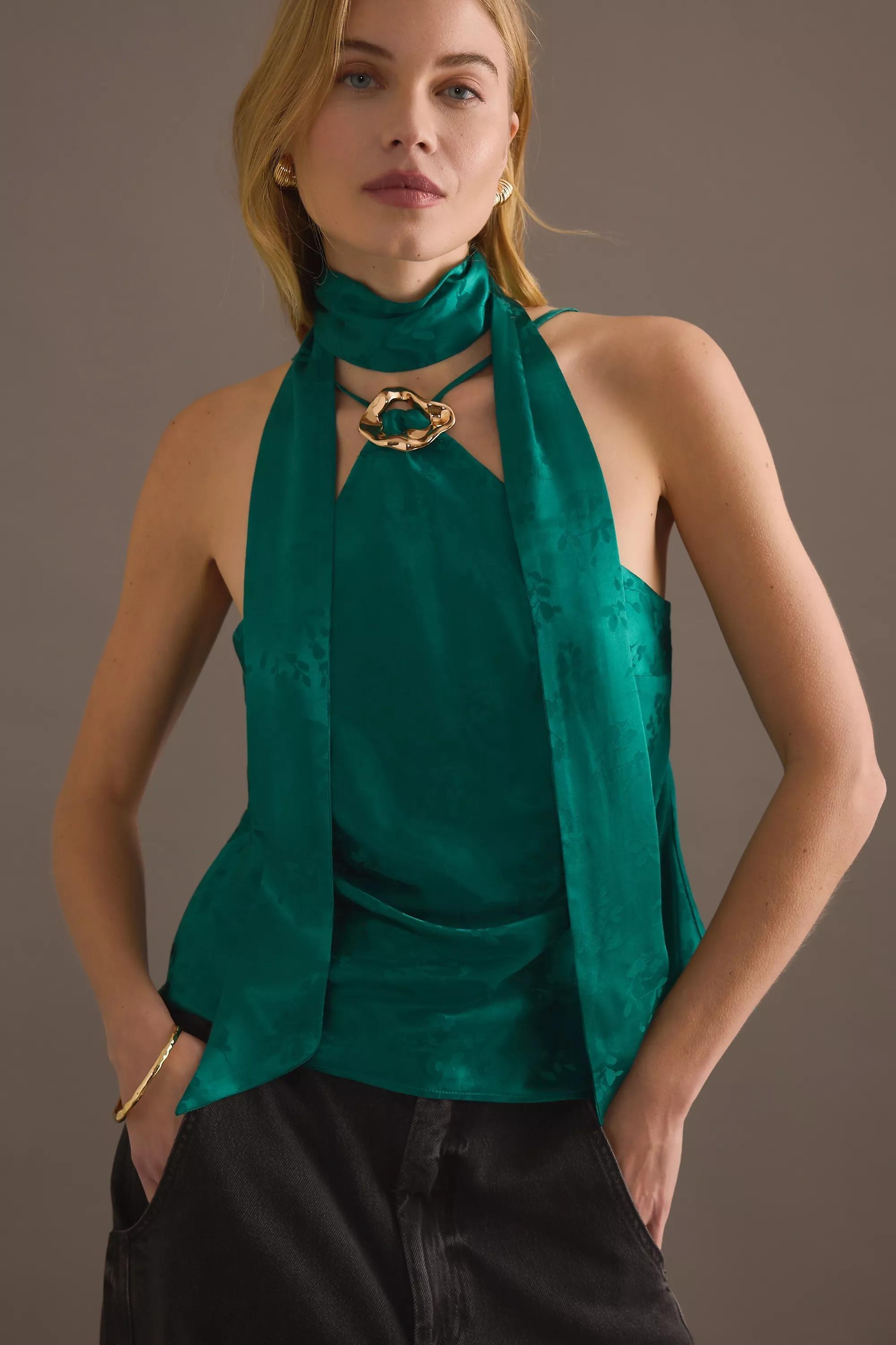 GREEN By Anthropologie Satin Scarf-Detail Halter Top, A501_0030, large image number 0