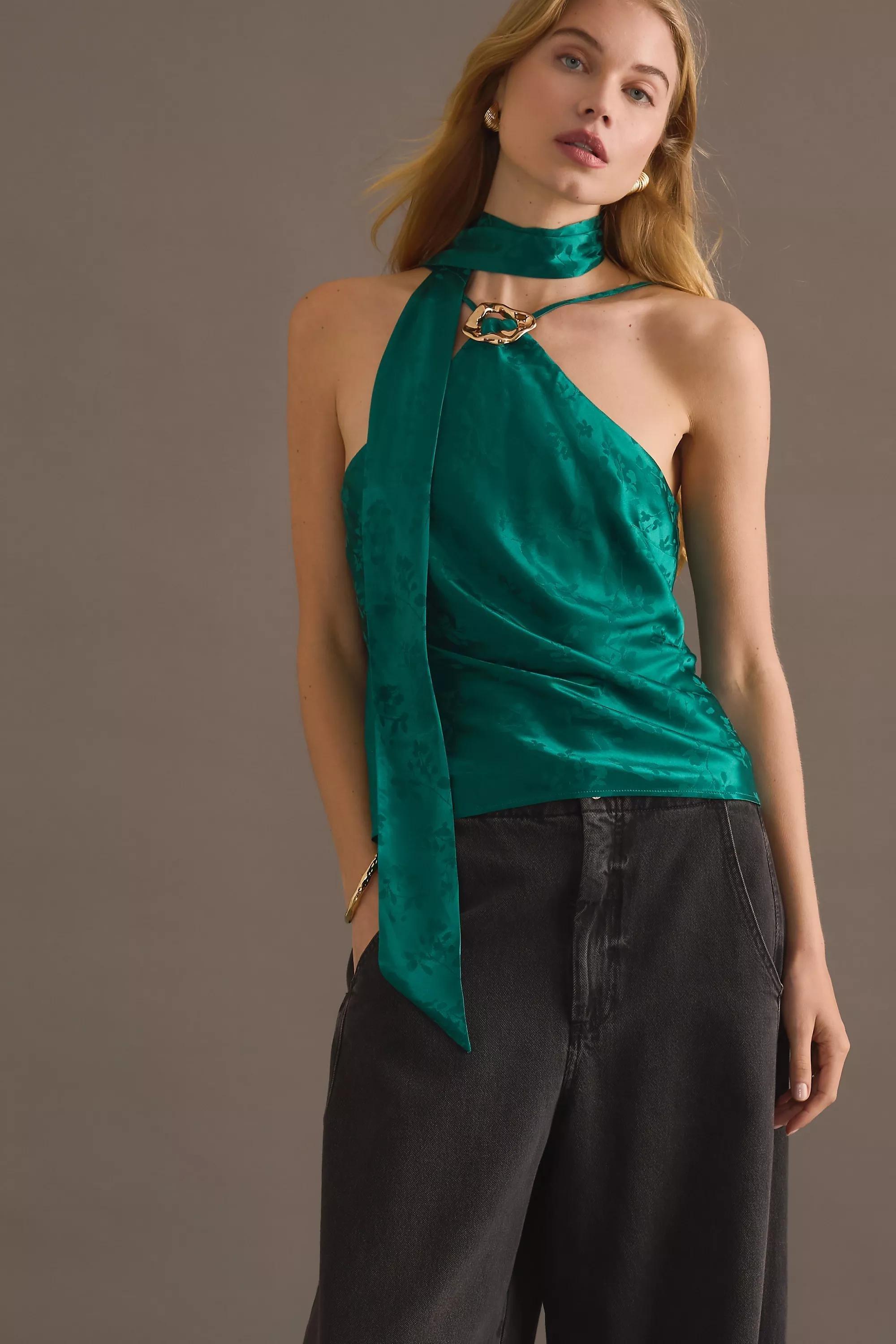 GREEN By Anthropologie Satin Scarf-Detail Halter Top, A501_0030, large image number 4