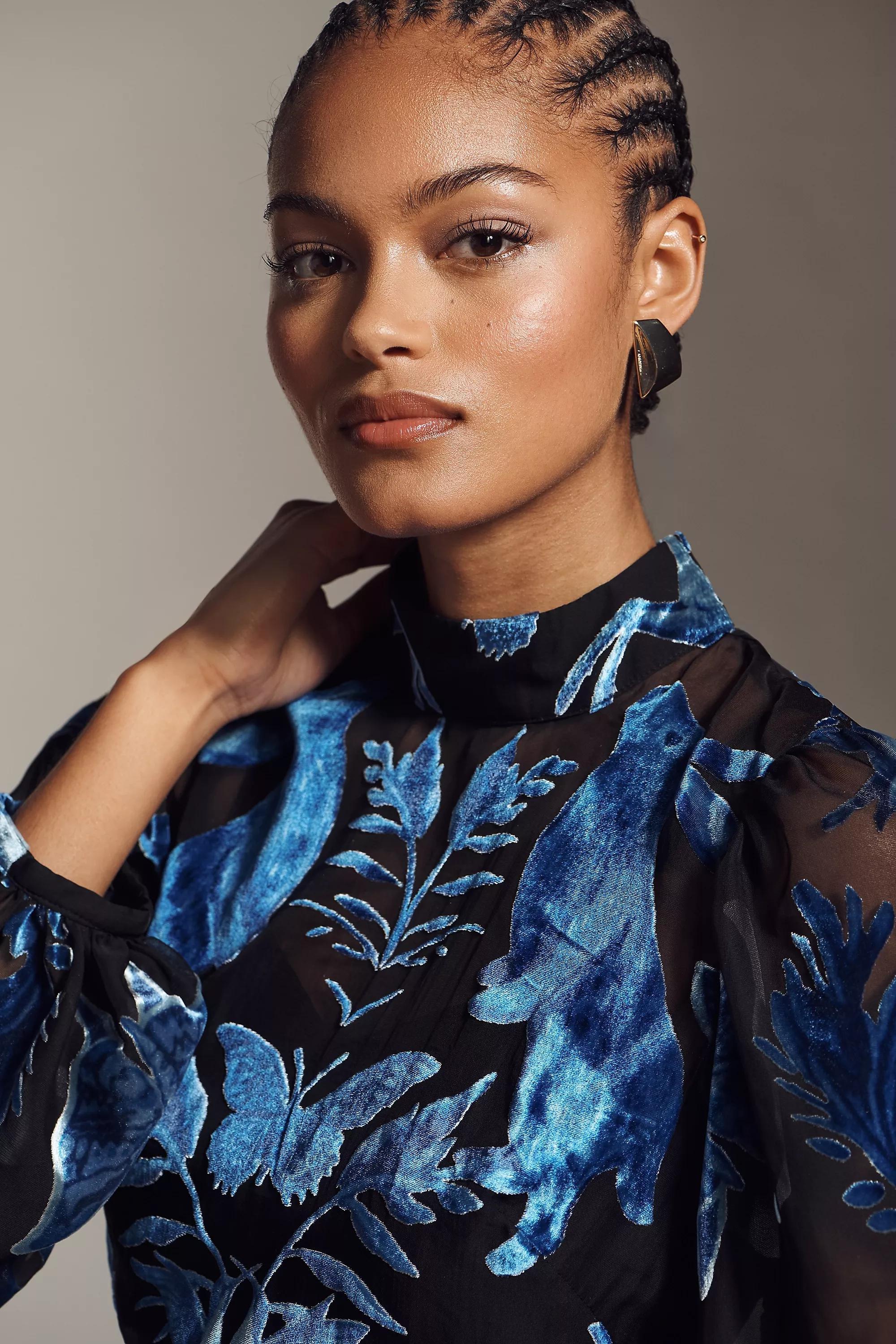 By Anthropologie Velvet Burnout High-Neck Long-Sleeve Mini Dress, Black, A501_0009, large image number 0