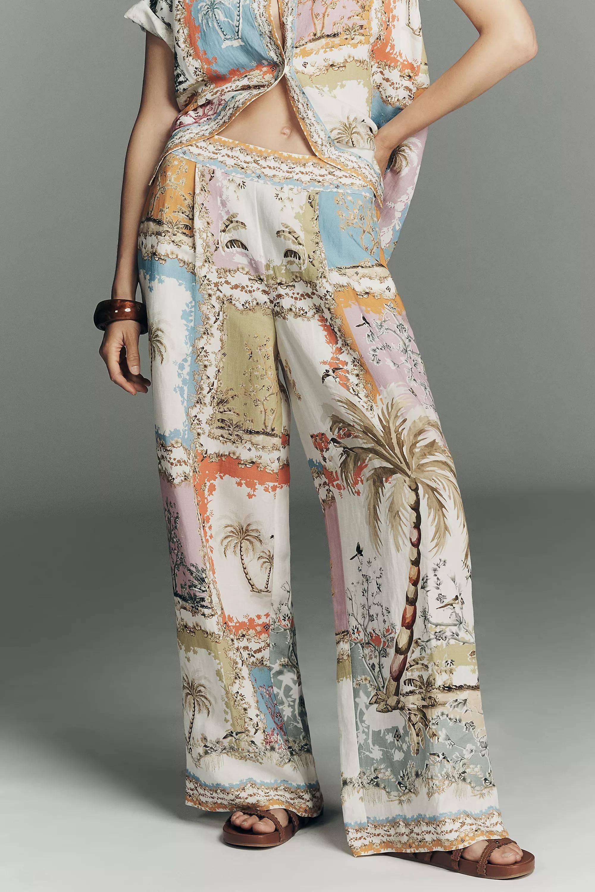Ranna Gill Tropical Print Wide-Leg Pants, Beige, Cream, large image number 0