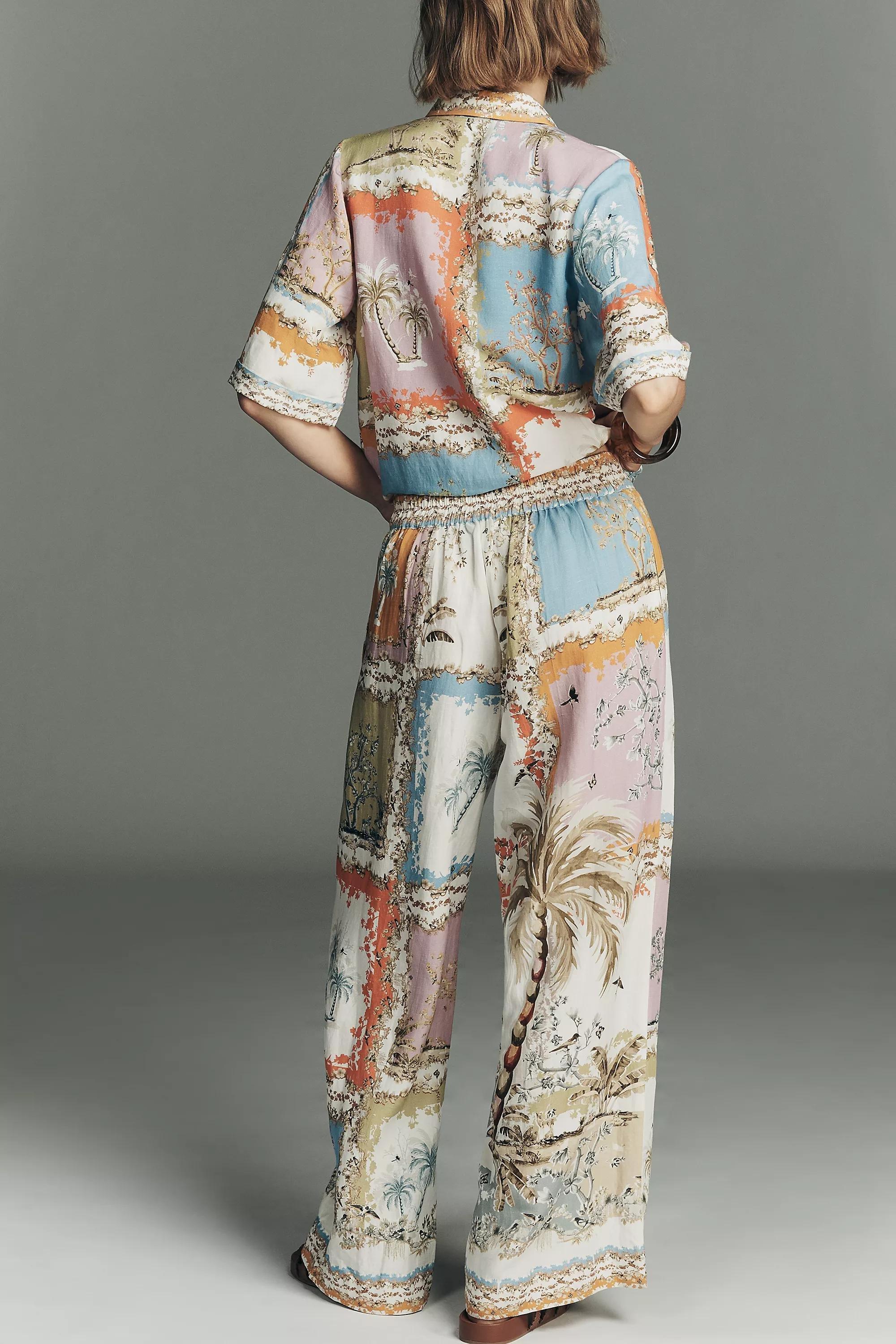 Ranna Gill Tropical Print Wide-Leg Pants, Beige, Cream, large image number 1