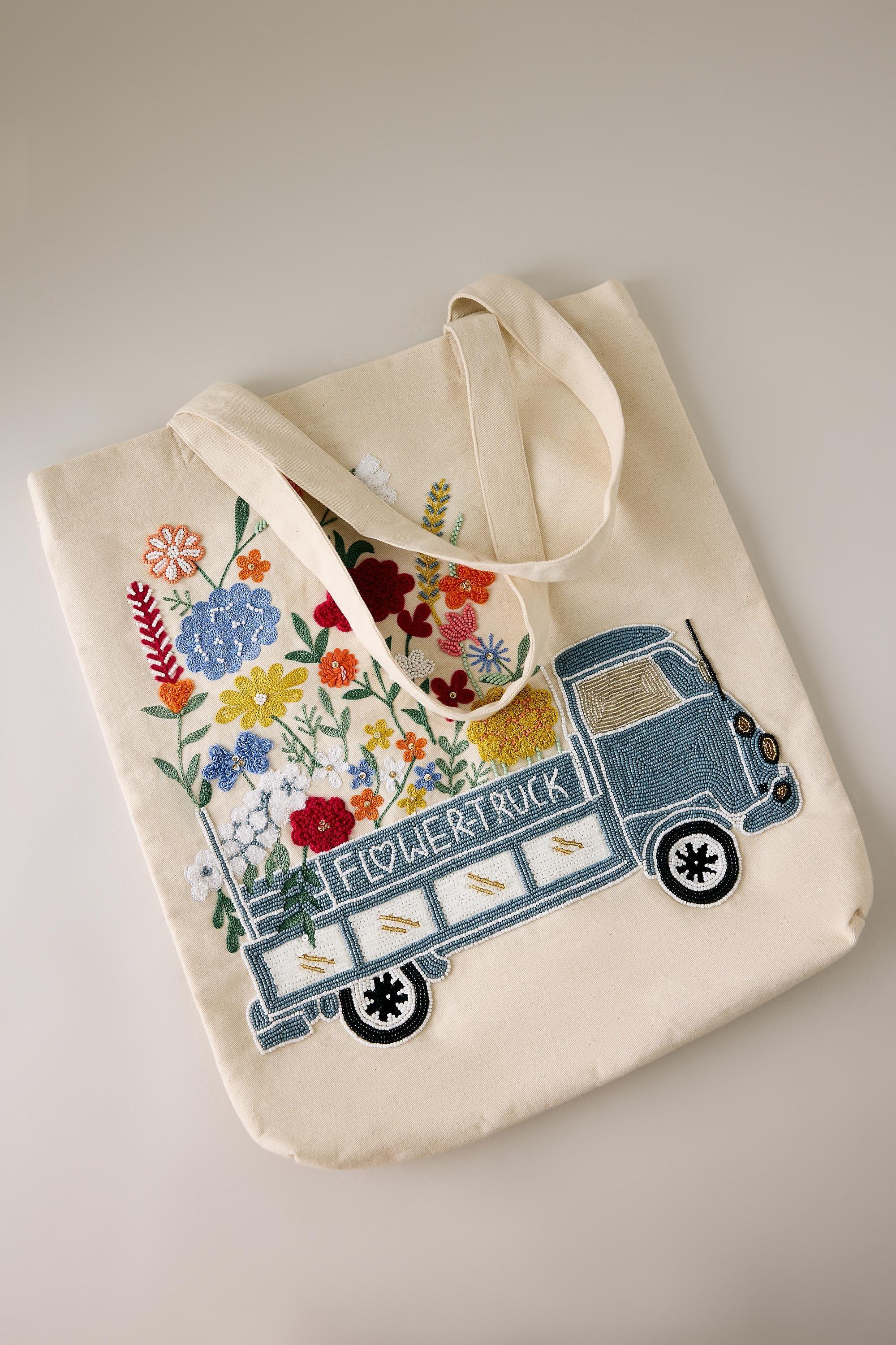 BOTANICAL MOTIF Beaded Flower Truck Canvas Tote Bag, A501_0039, large image number 0