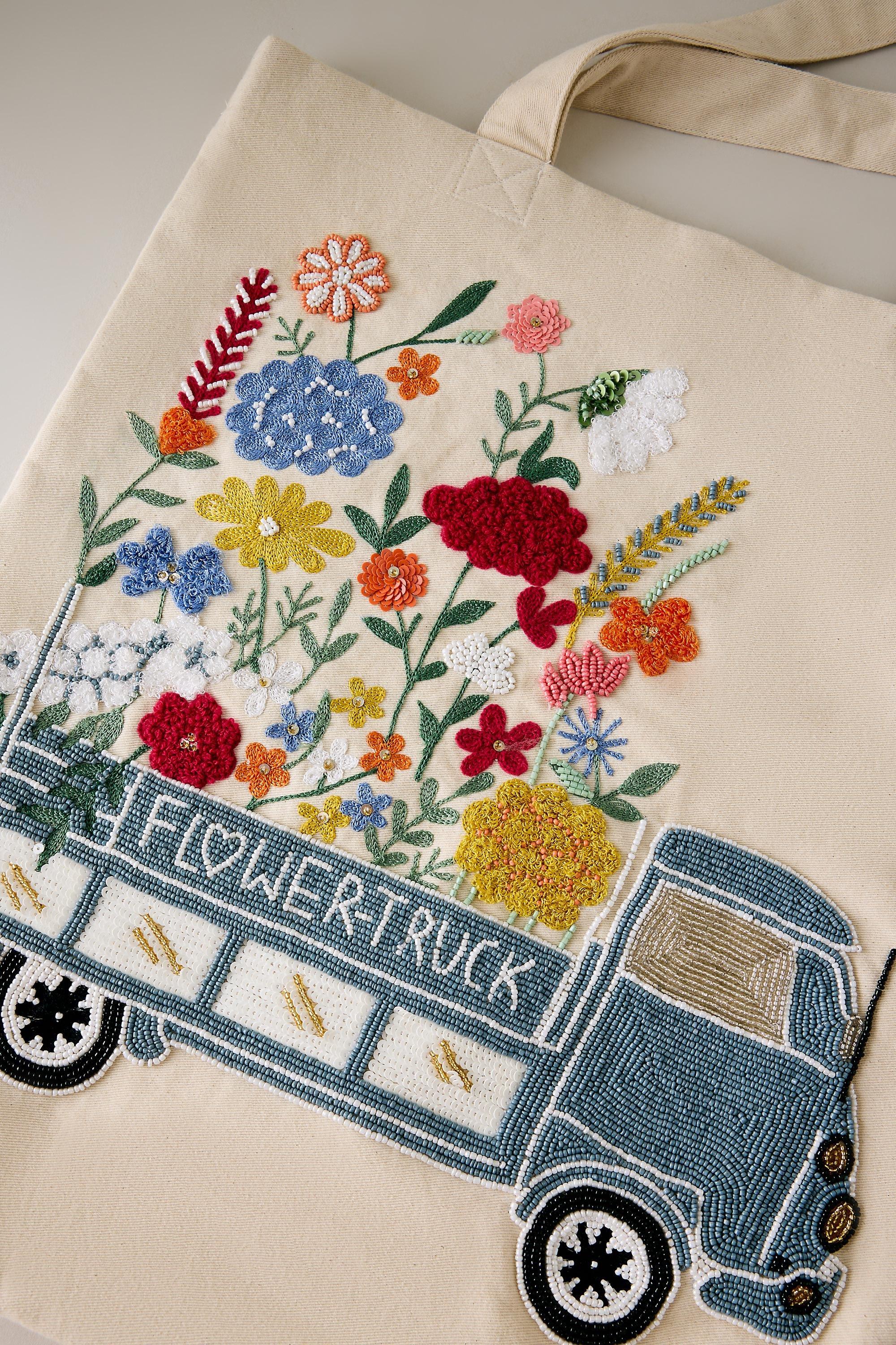 BOTANICAL MOTIF Beaded Flower Truck Canvas Tote Bag, A501_0039, large image number 1