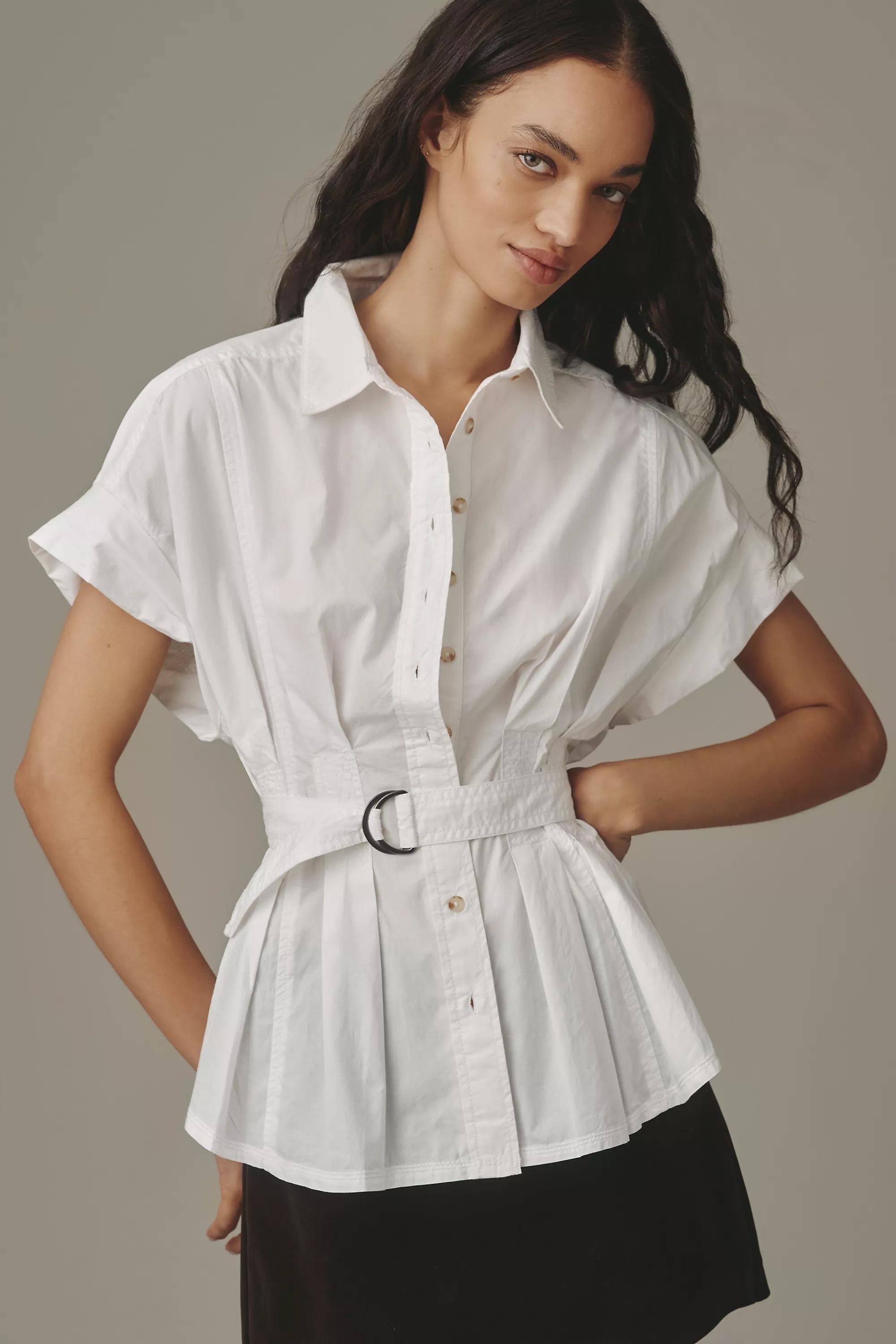 The Bobbie Short Sleeve Belted Button-down Shirt, White, A501_0010, large image number 0