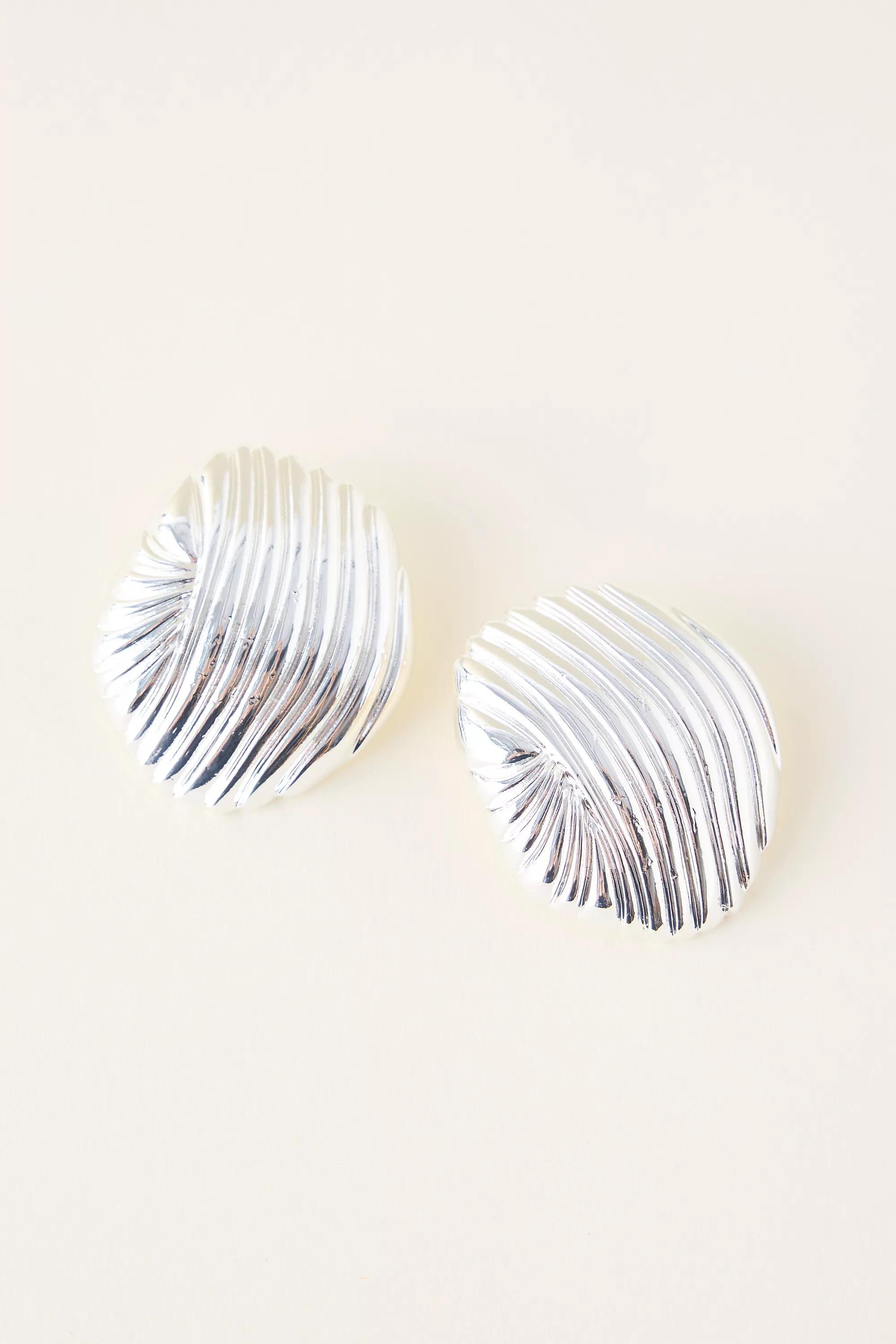SILVER Ribbed Statement Stud Earrings, A501_0007, large image number 1