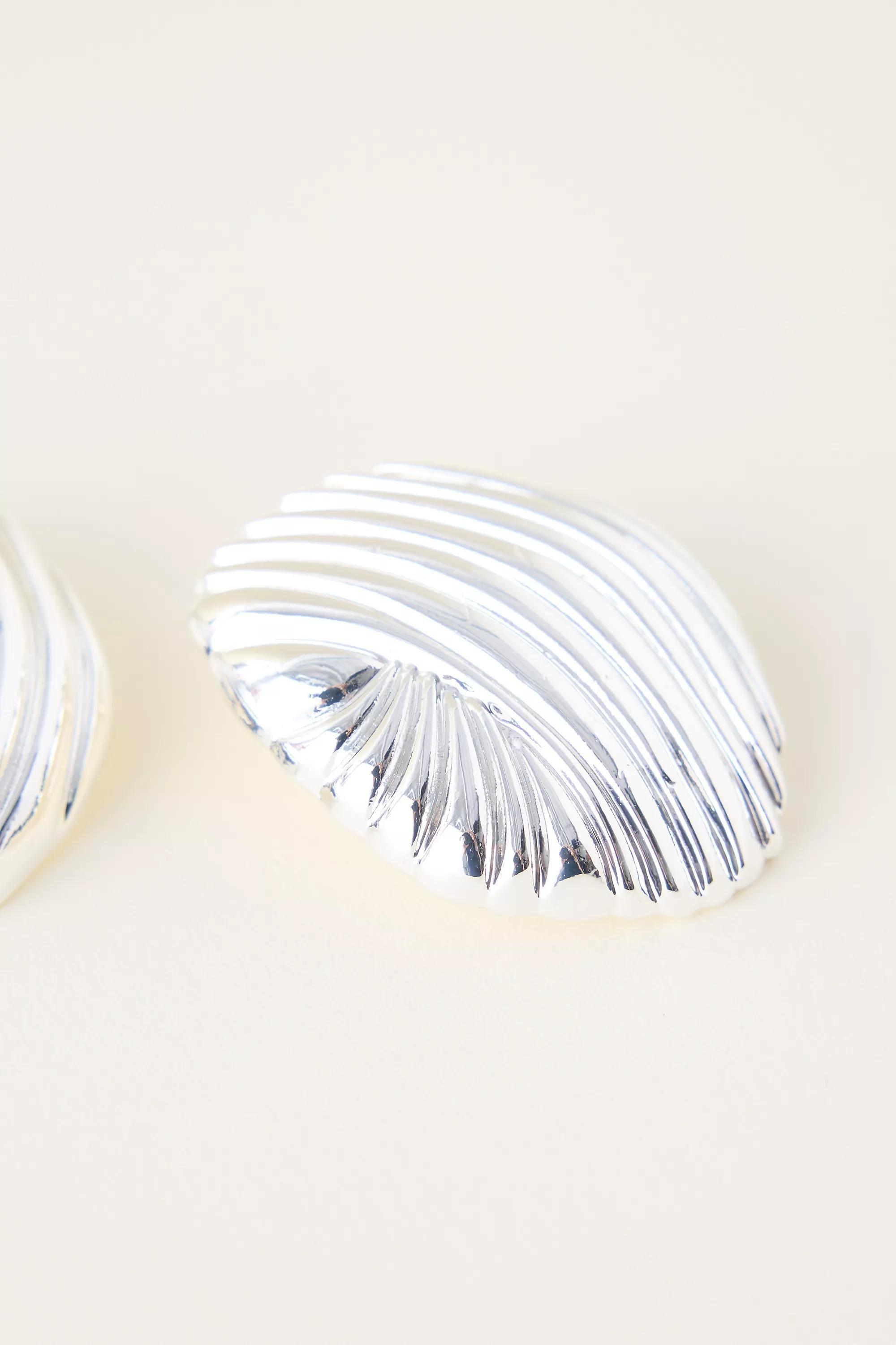 SILVER Ribbed Statement Stud Earrings, A501_0007, large image number 4