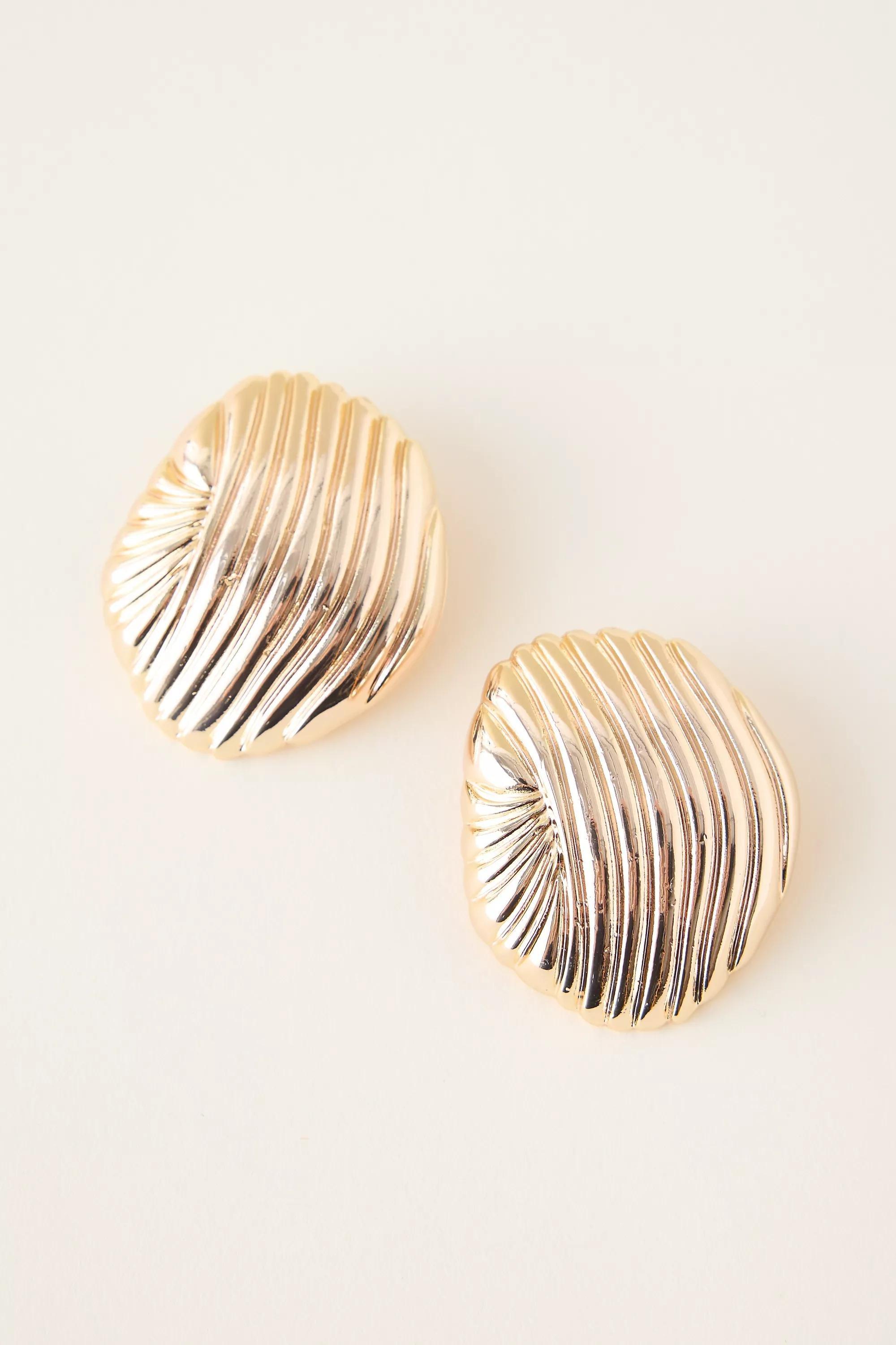 GOLD Ribbed Statement Stud Earrings, A501_0070, large image number 0
