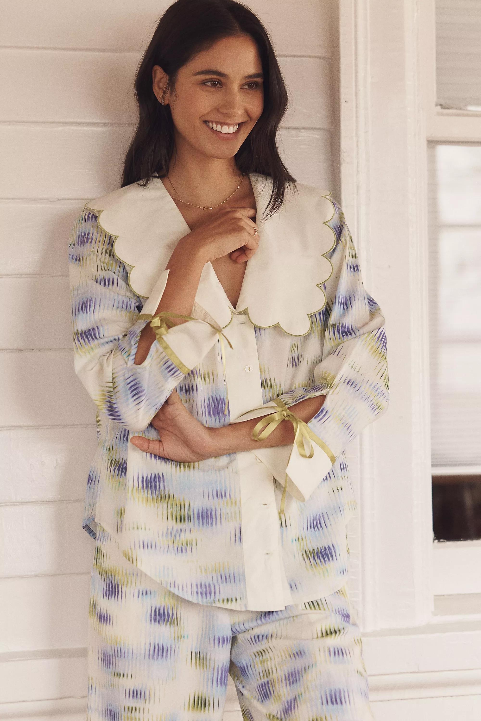 By Lyrebird Scallop Collar Pyjama Shirt, Blue, A501_0049, large image number 0