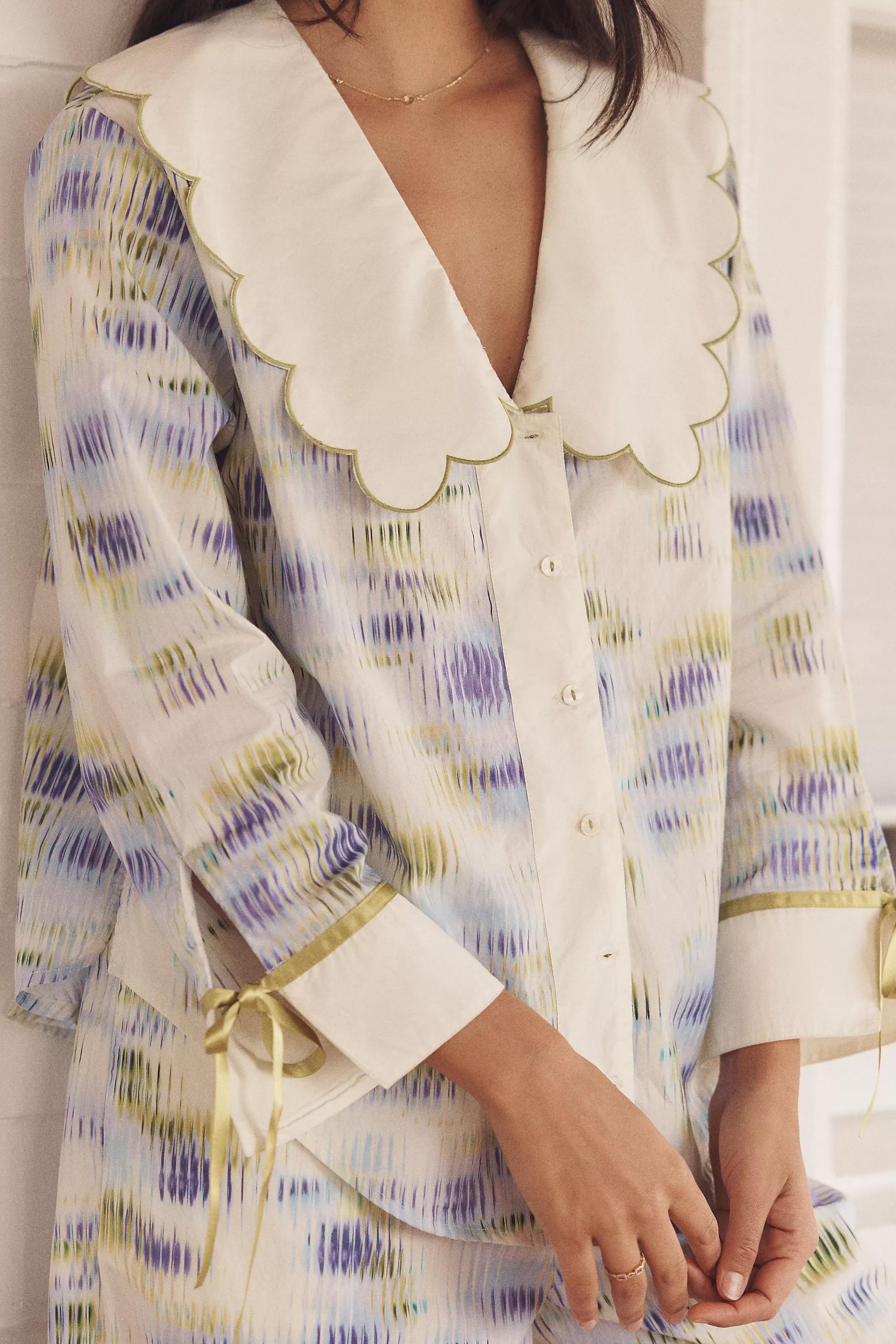 By Lyrebird Scallop Collar Pyjama Shirt, Blue, A501_0049, large image number 1