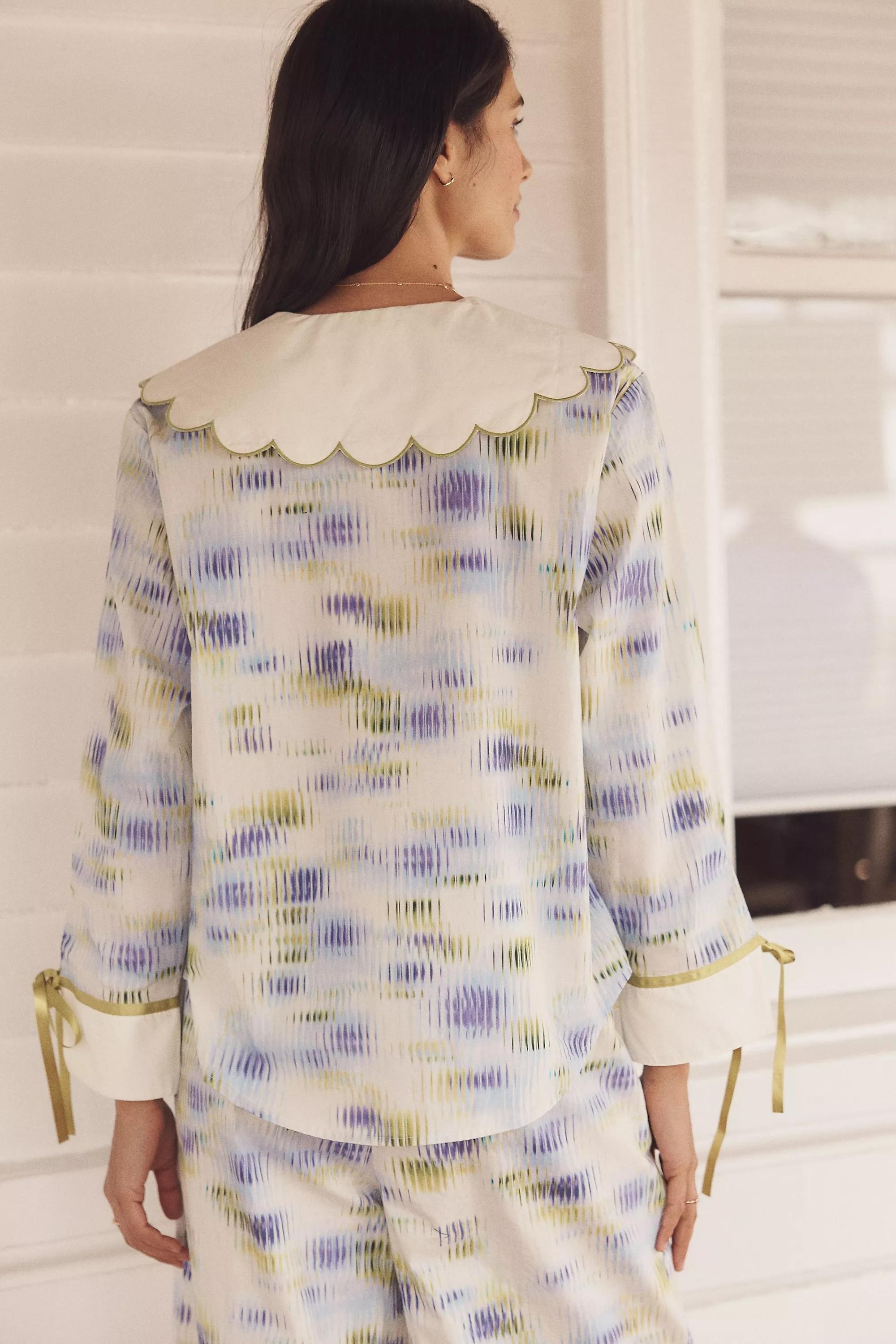 By Lyrebird Scallop Collar Pyjama Shirt, Blue, A501_0049, large image number 4