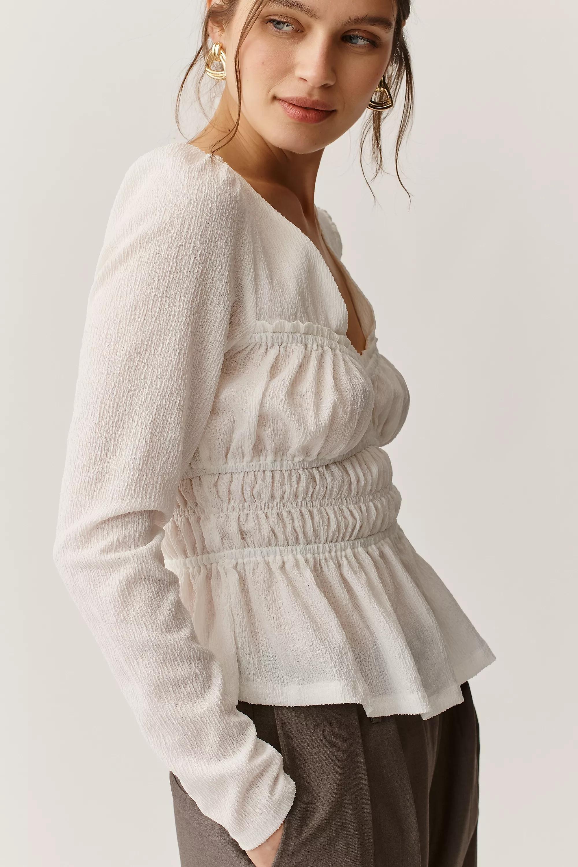 Maeve Long-Sleeve Smocked Top, Beige, A501_0011, large image number 2