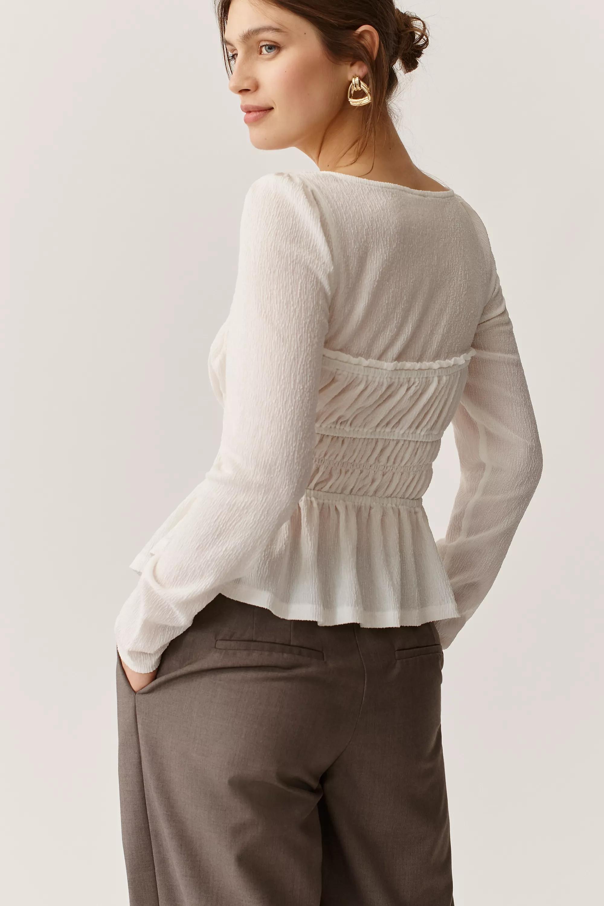 Maeve Long-Sleeve Smocked Top, Beige, A501_0011, large image number 4