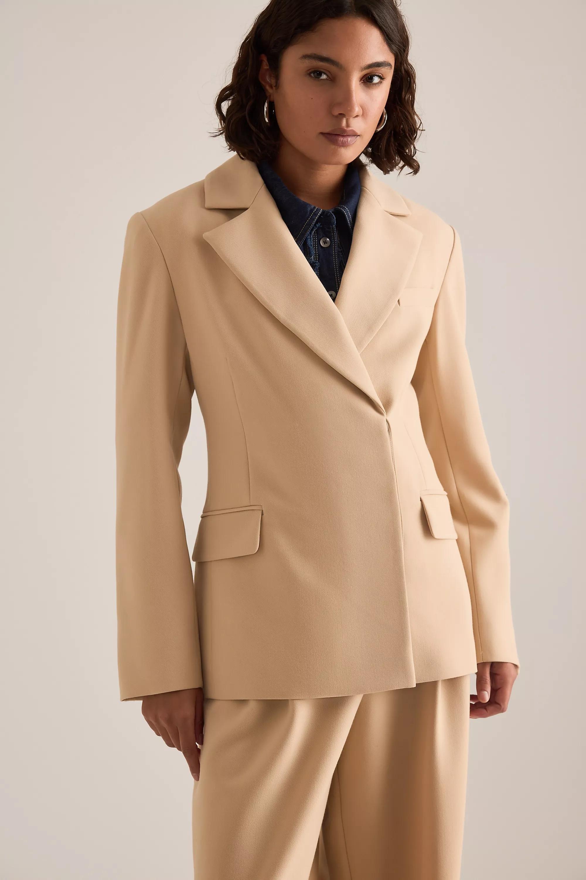 By Anthropologie Hourglass Woven Single-Breasted Blazer, Beige, A501_0016, large image number 4