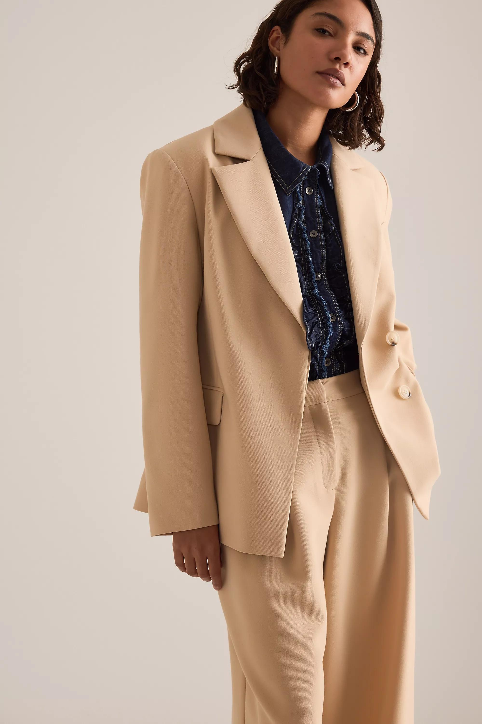 By Anthropologie Hourglass Woven Single-Breasted Blazer, Beige, A501_0016, large image number 5