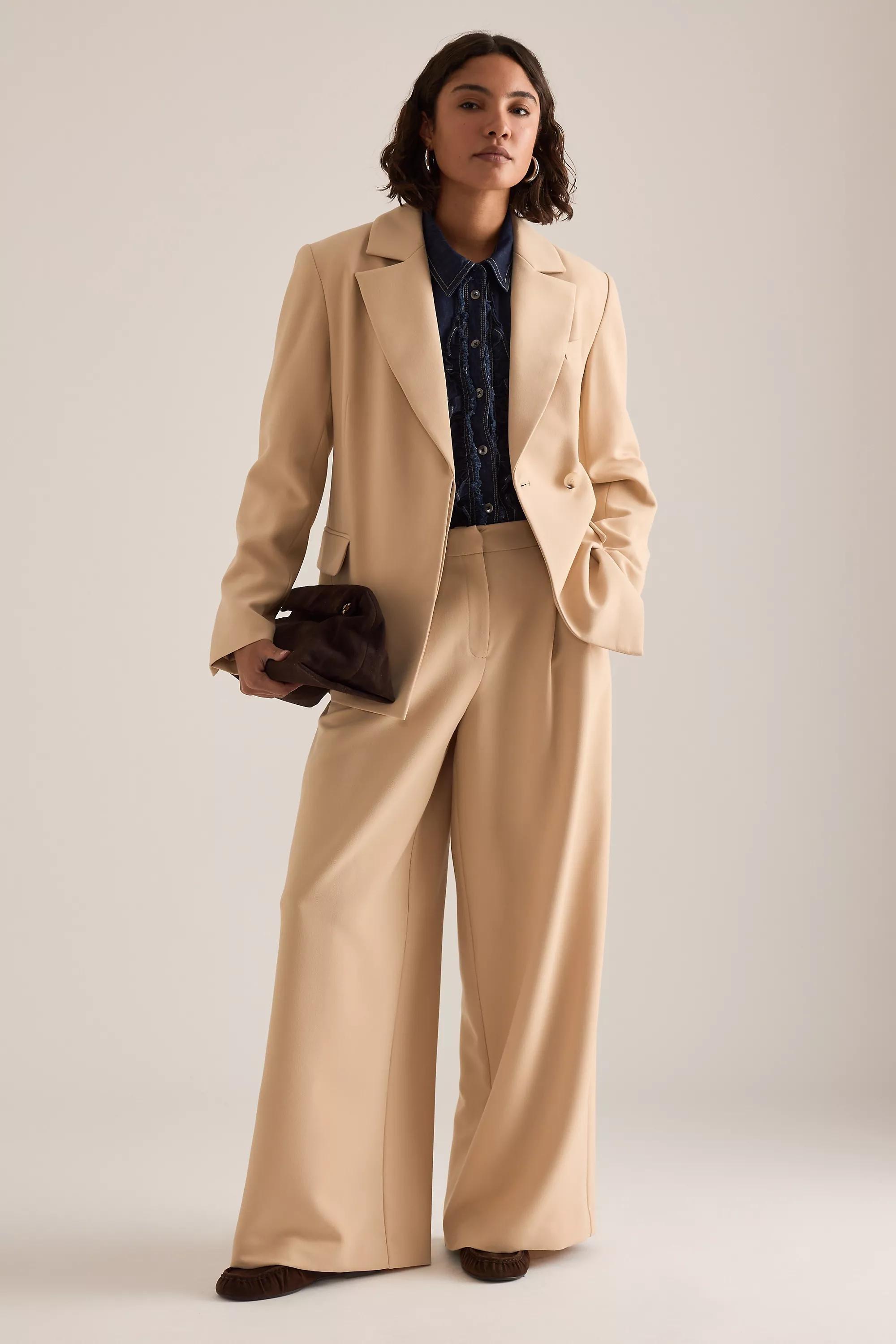 By Anthropologie Hourglass Woven Single-Breasted Blazer, Beige, A501_0016, large image number 6