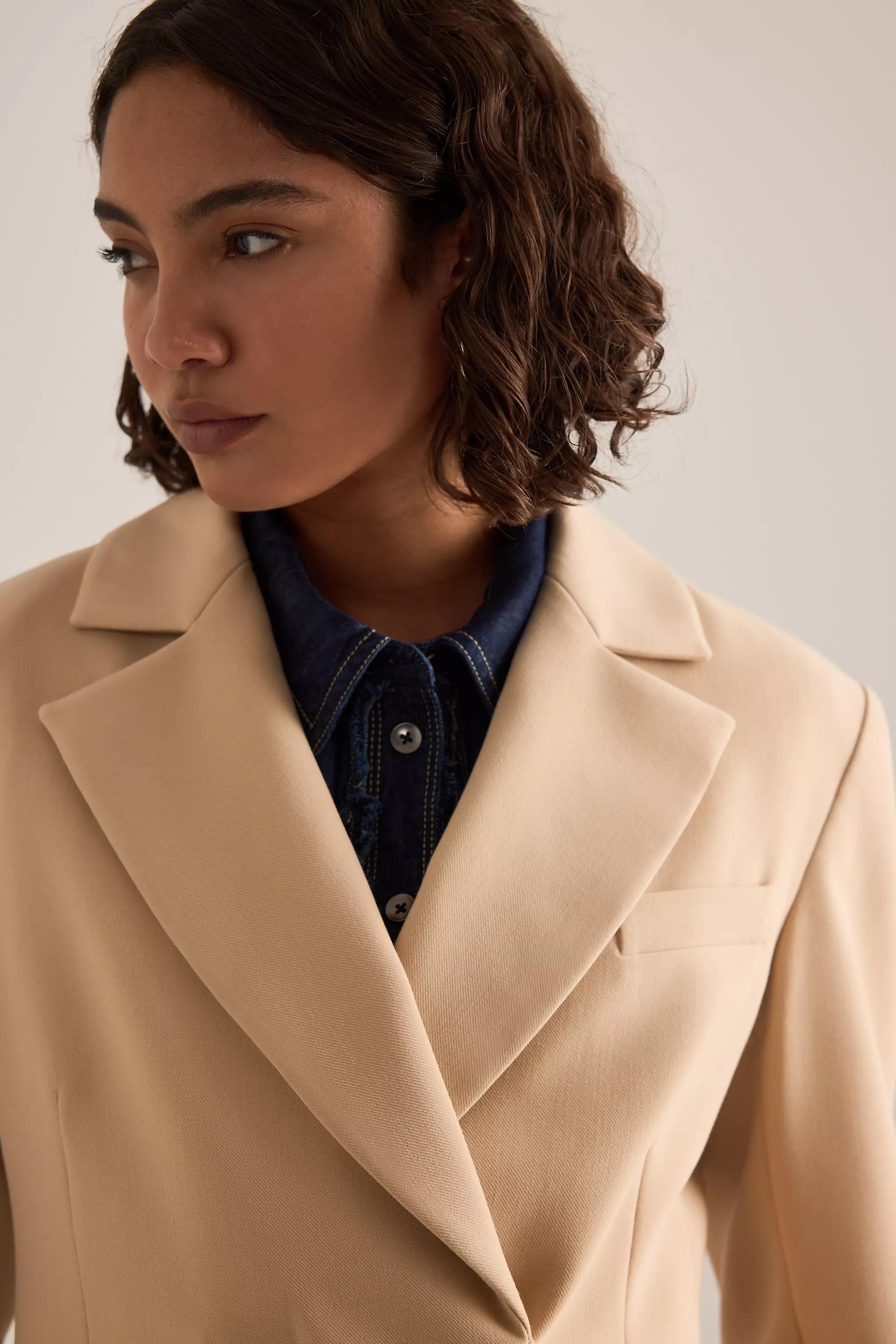 By Anthropologie Hourglass Woven Single-Breasted Blazer, Beige, A501_0016, large image number 8