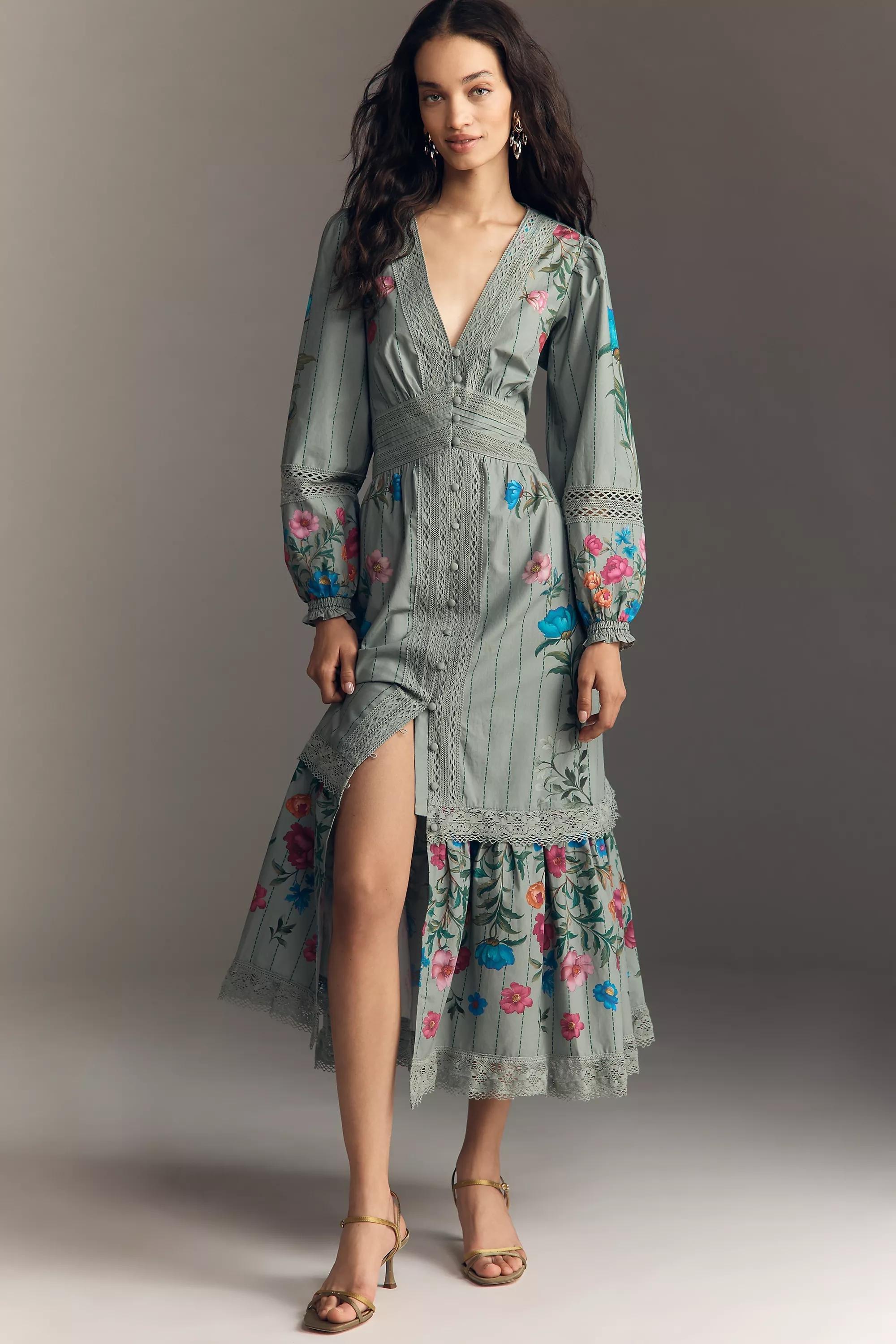 By Anthropologie Floral Button-Front Midi Dress, Green, A501_0038, medium