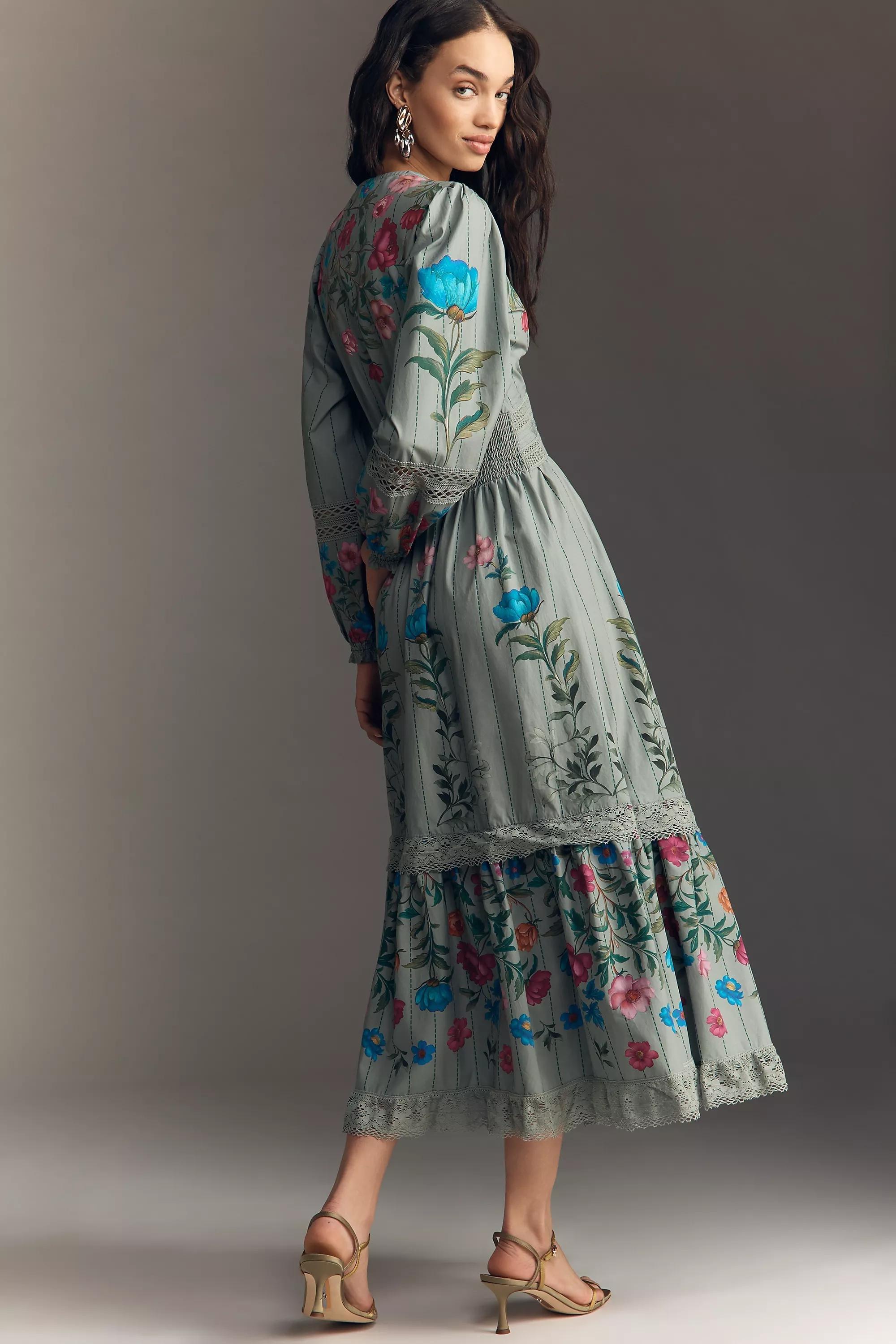 By Anthropologie Floral Button-Front Midi Dress, Green, A501_0038, large image number 1