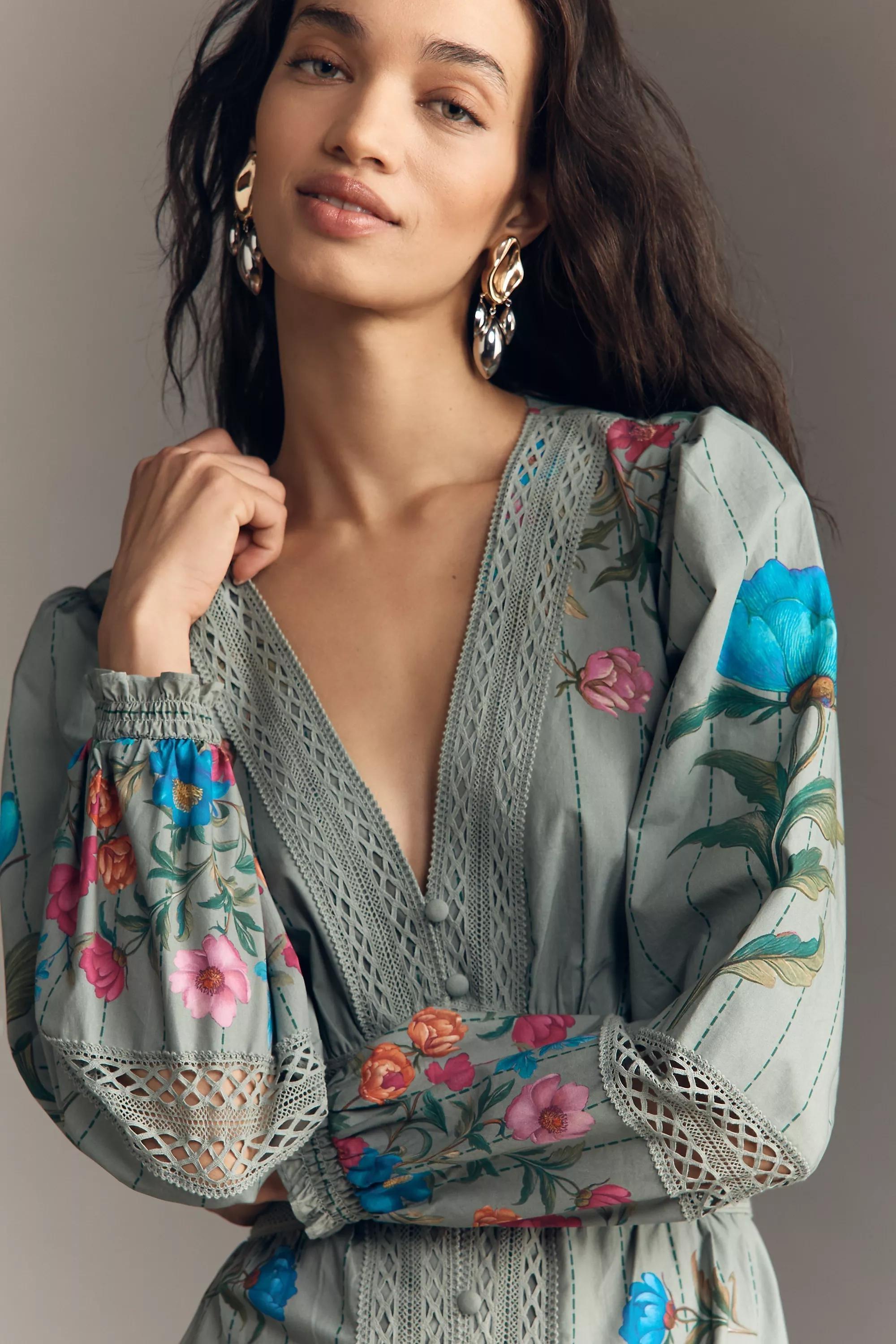 By Anthropologie Floral Button-Front Midi Dress, Green, A501_0038, large image number 2