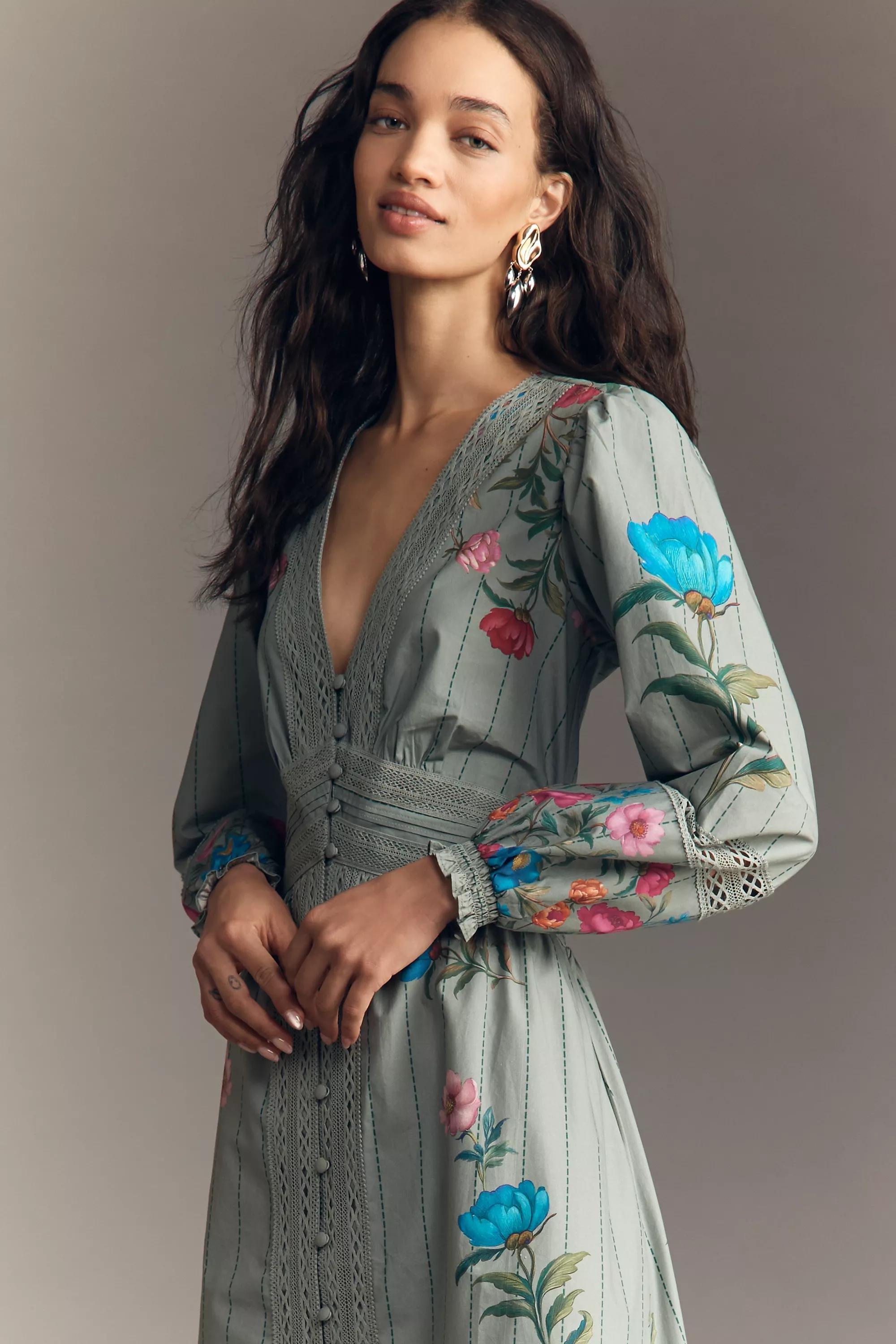 By Anthropologie Floral Button-Front Midi Dress, Green, A501_0038, large image number 3