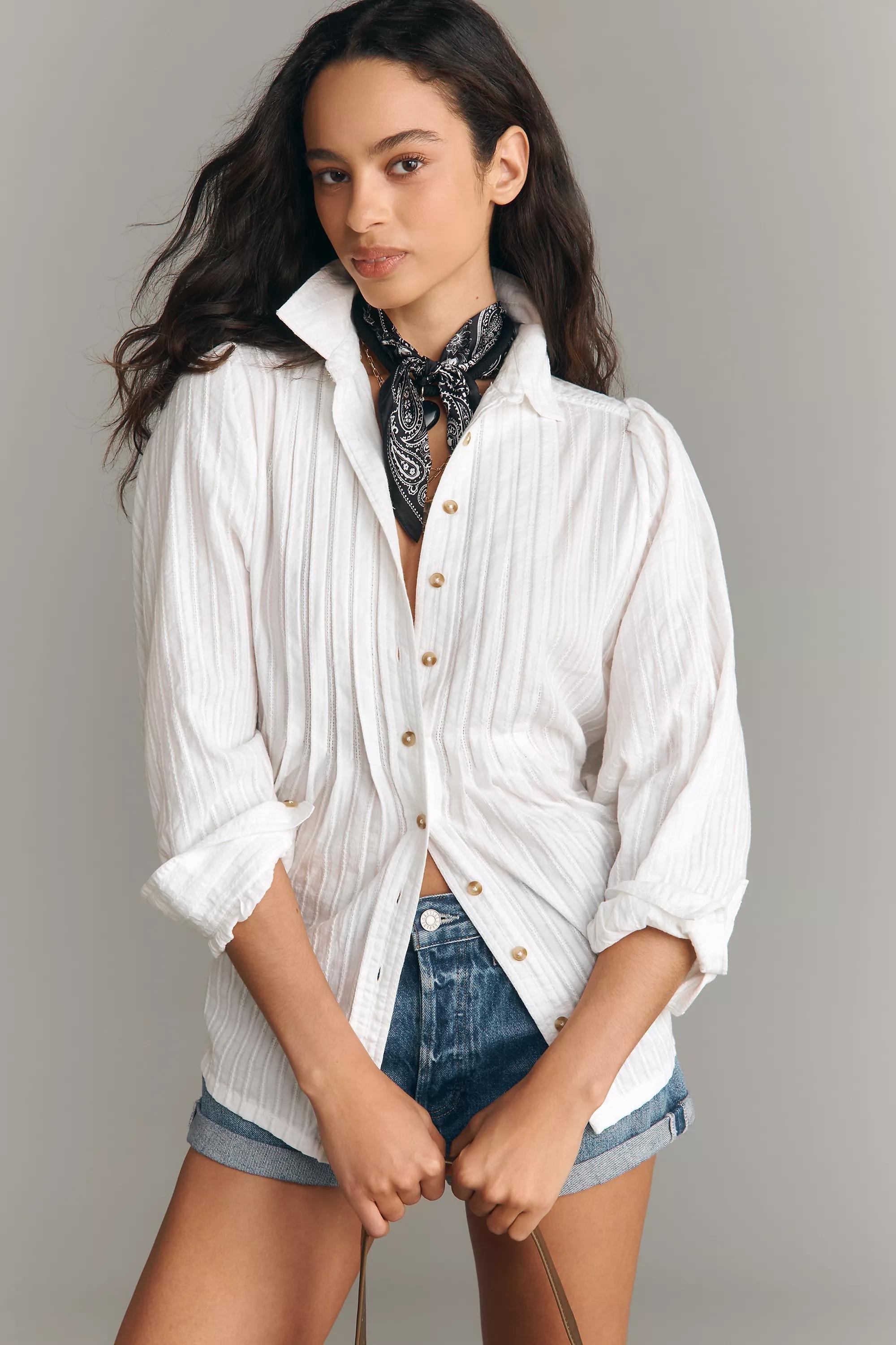 By Pilcro Pintucked Long-Sleeve Buttondown Shirt , White, White, medium