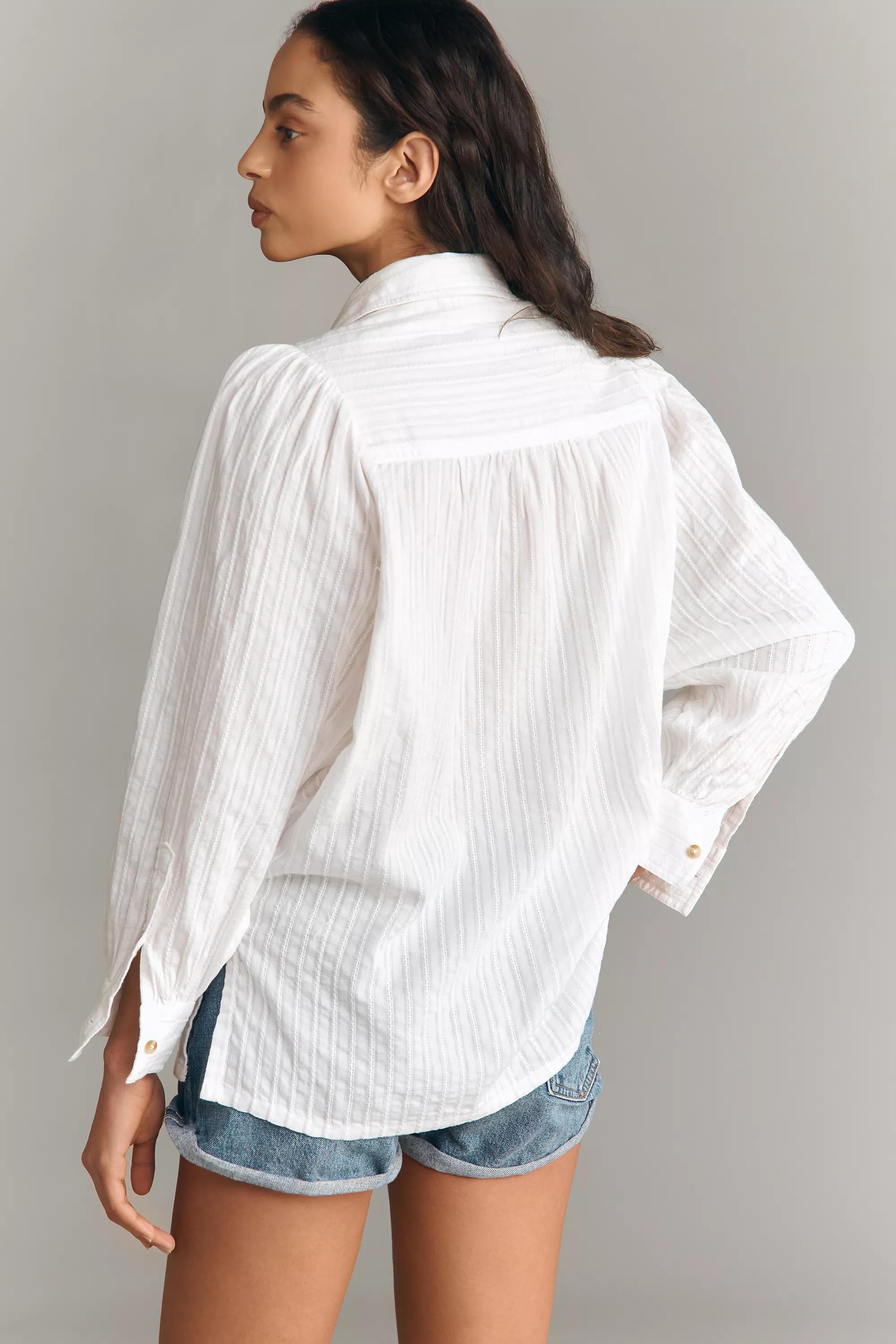 By Pilcro Pintucked Long-Sleeve Buttondown Shirt , White, White, medium