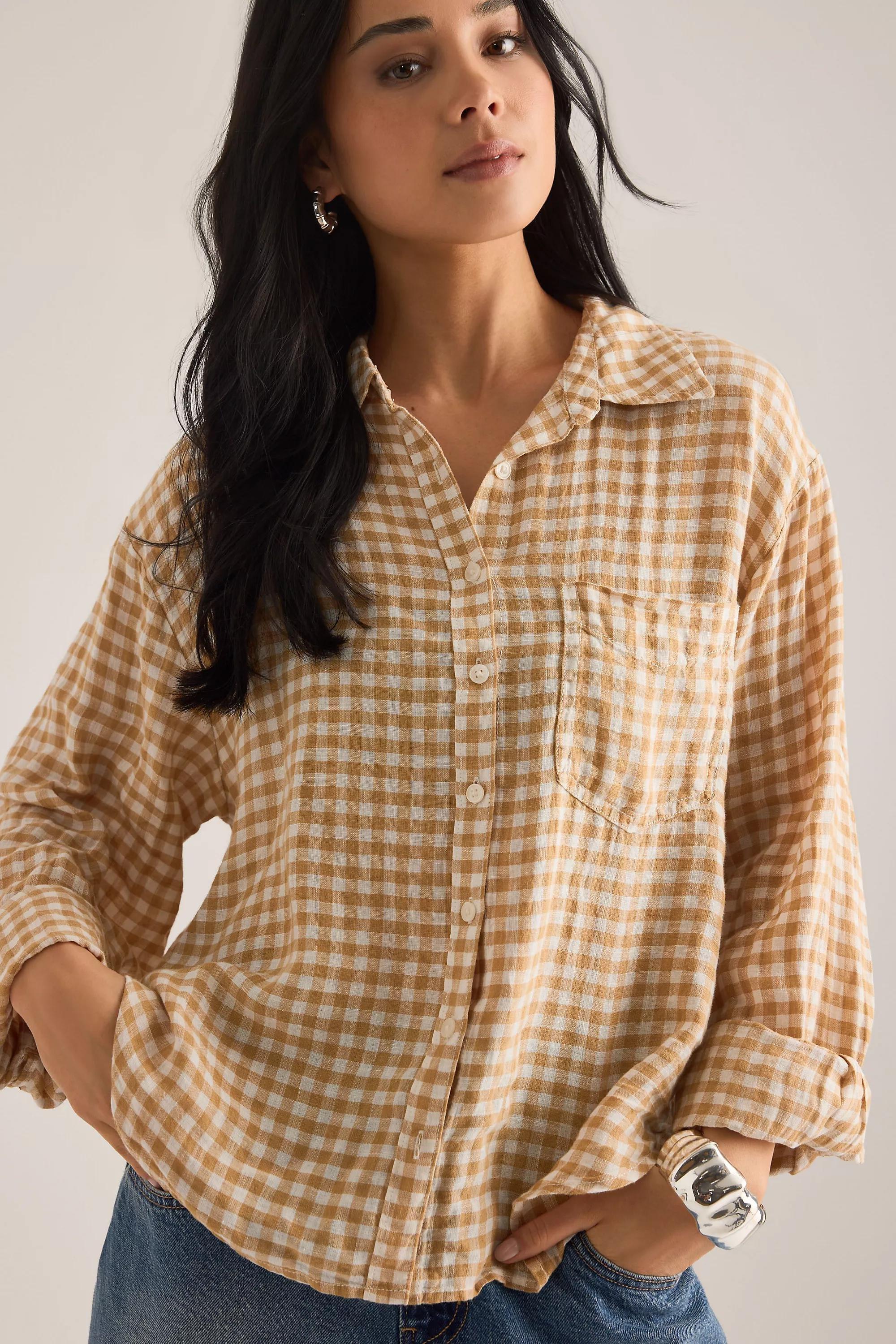 By Maeve The Shrunken Linen Bennet Button-Down Shirt, Brown, A501_0224, large image number 1