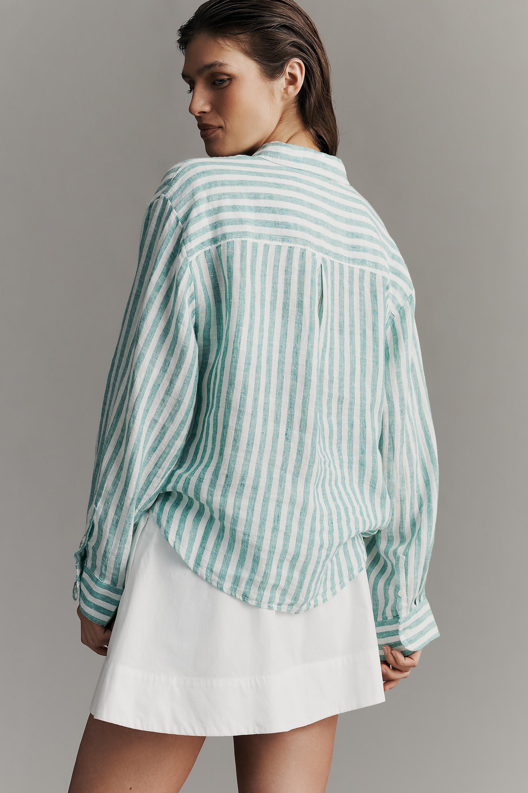 By Maeve The Shrunken Linen Bennet Button-Down Shirt , Green, A501_0545, large image number 3
