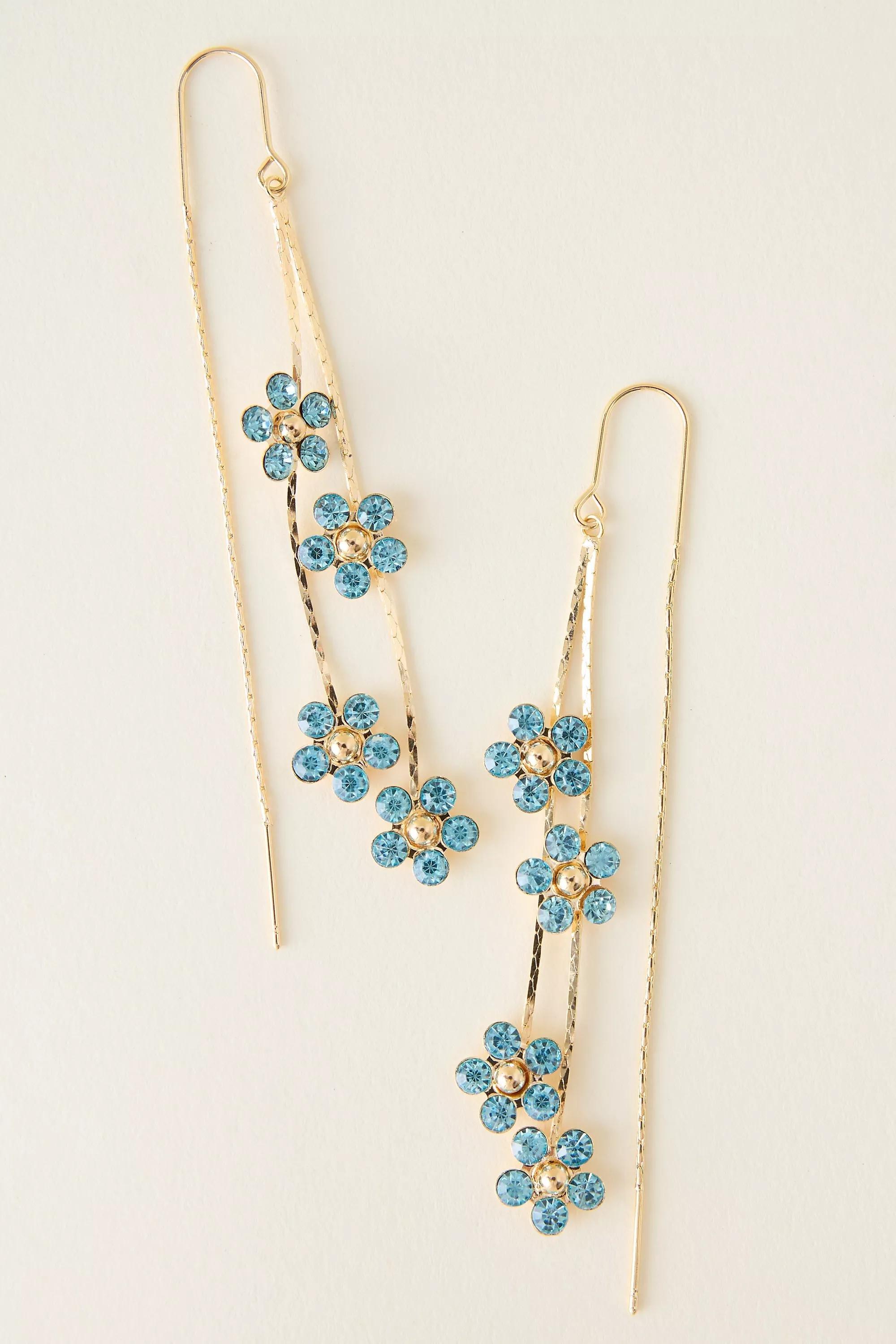 Gold-Plated Daisy Sparkle Threader Earrings, Blue, A501_0040, large image number 0