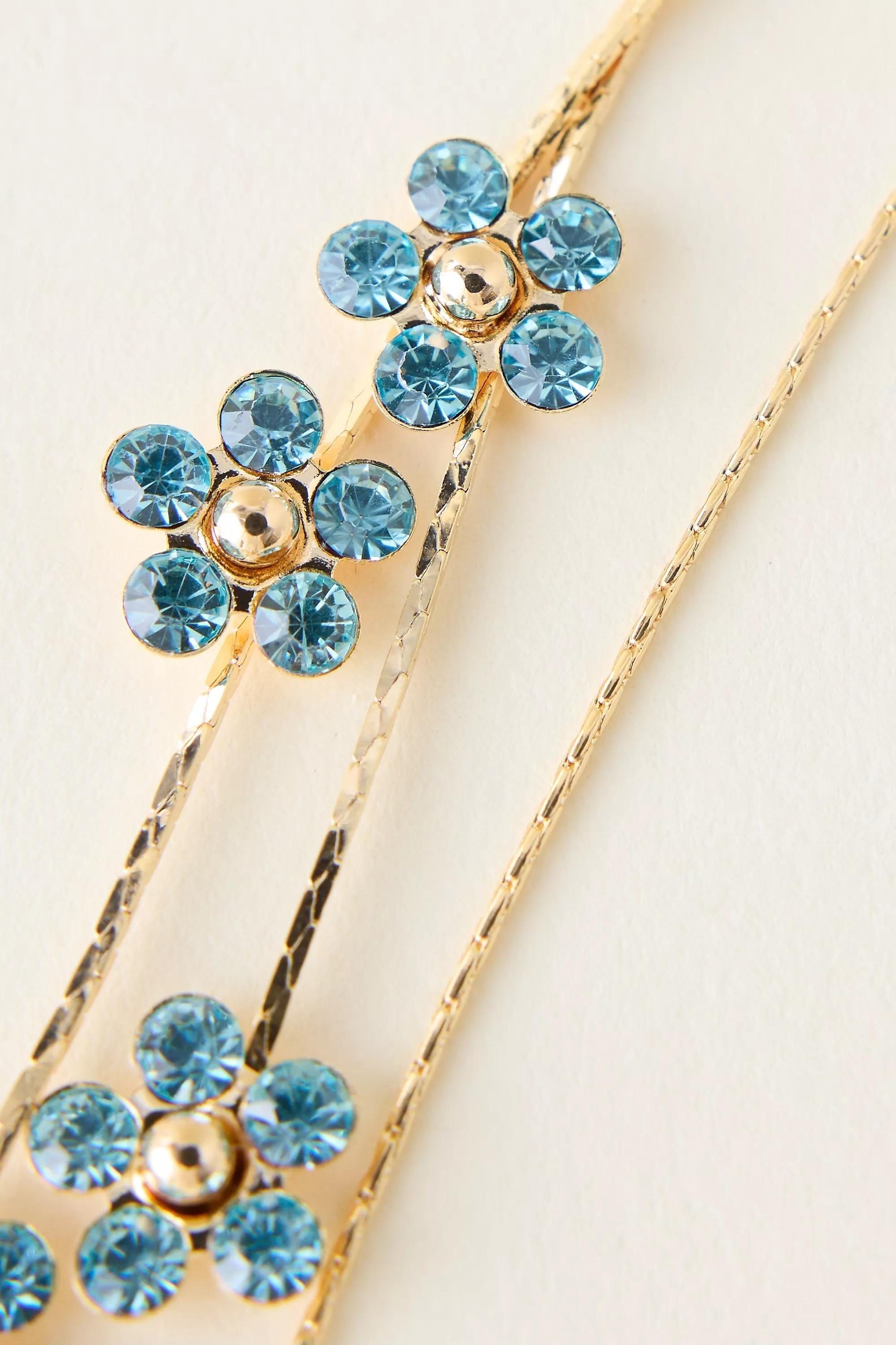 Gold-Plated Daisy Sparkle Threader Earrings, Blue, A501_0040, large image number 1
