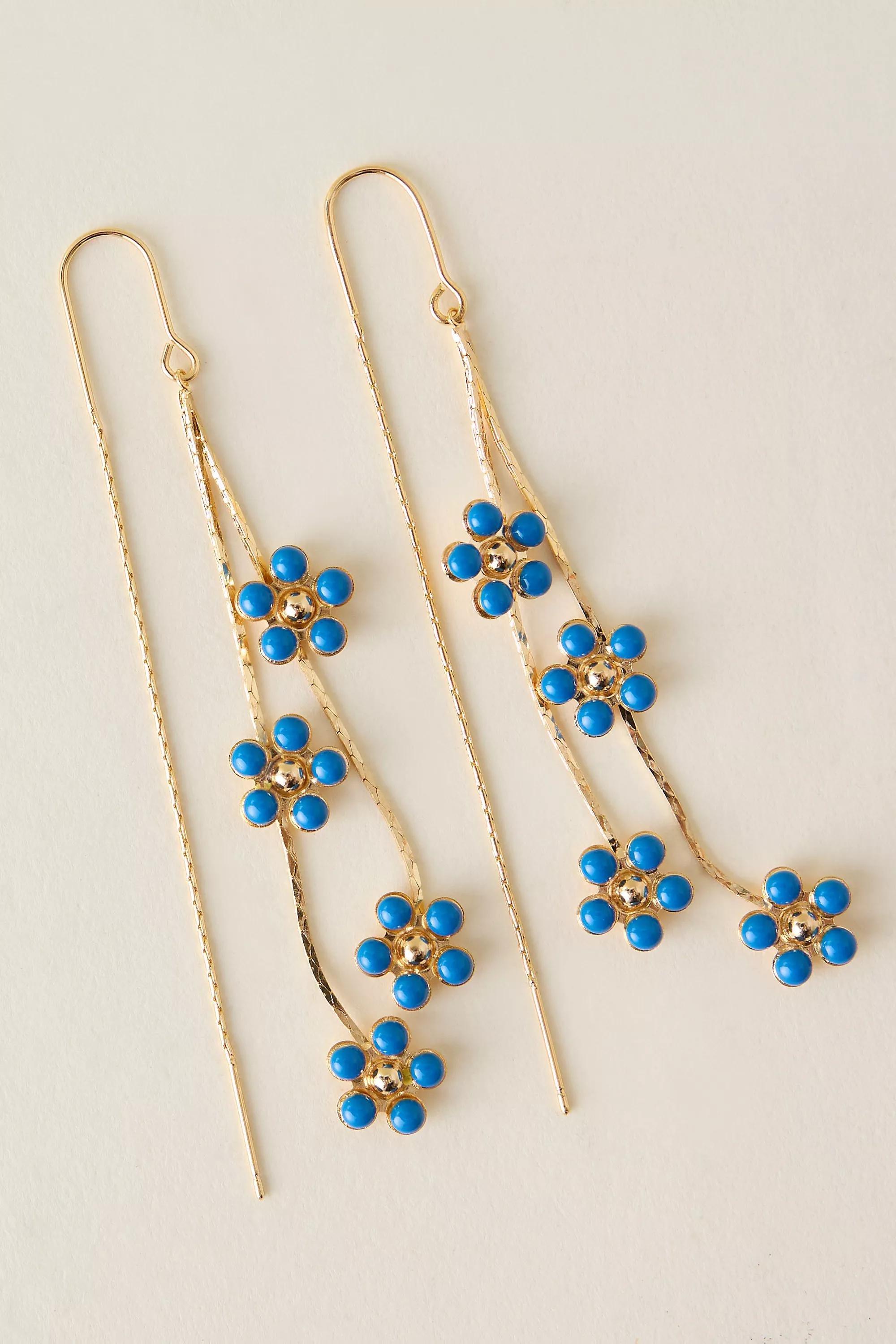 Gold-Plated Daisy Sparkle Threader Earrings, Blue, Turquoise, large image number 0