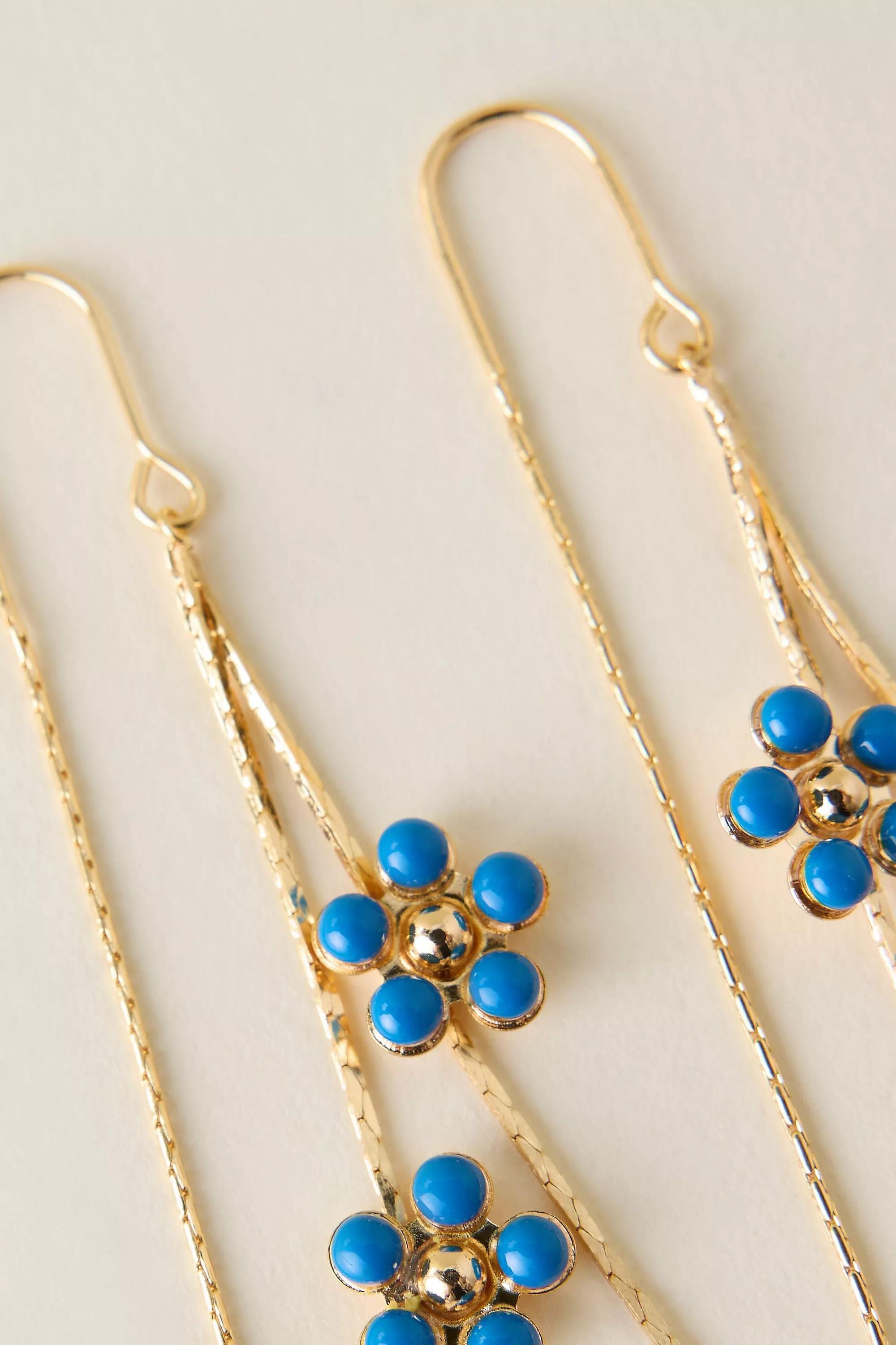 Gold-Plated Daisy Sparkle Threader Earrings, Blue, Turquoise, large image number 1