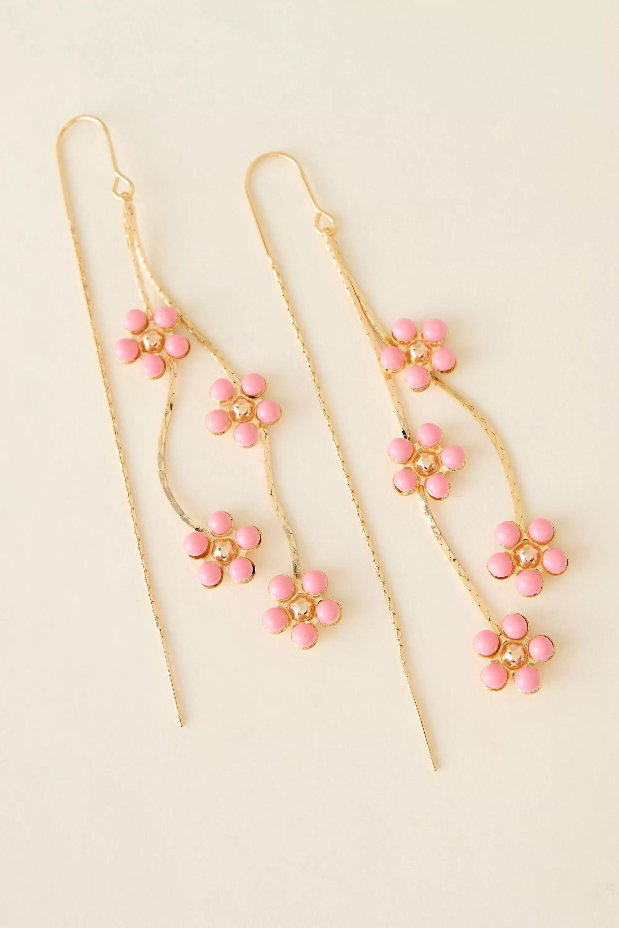 Gold-Plated Daisy Sparkle Threader Earrings, Pink, Pink, large image number 0