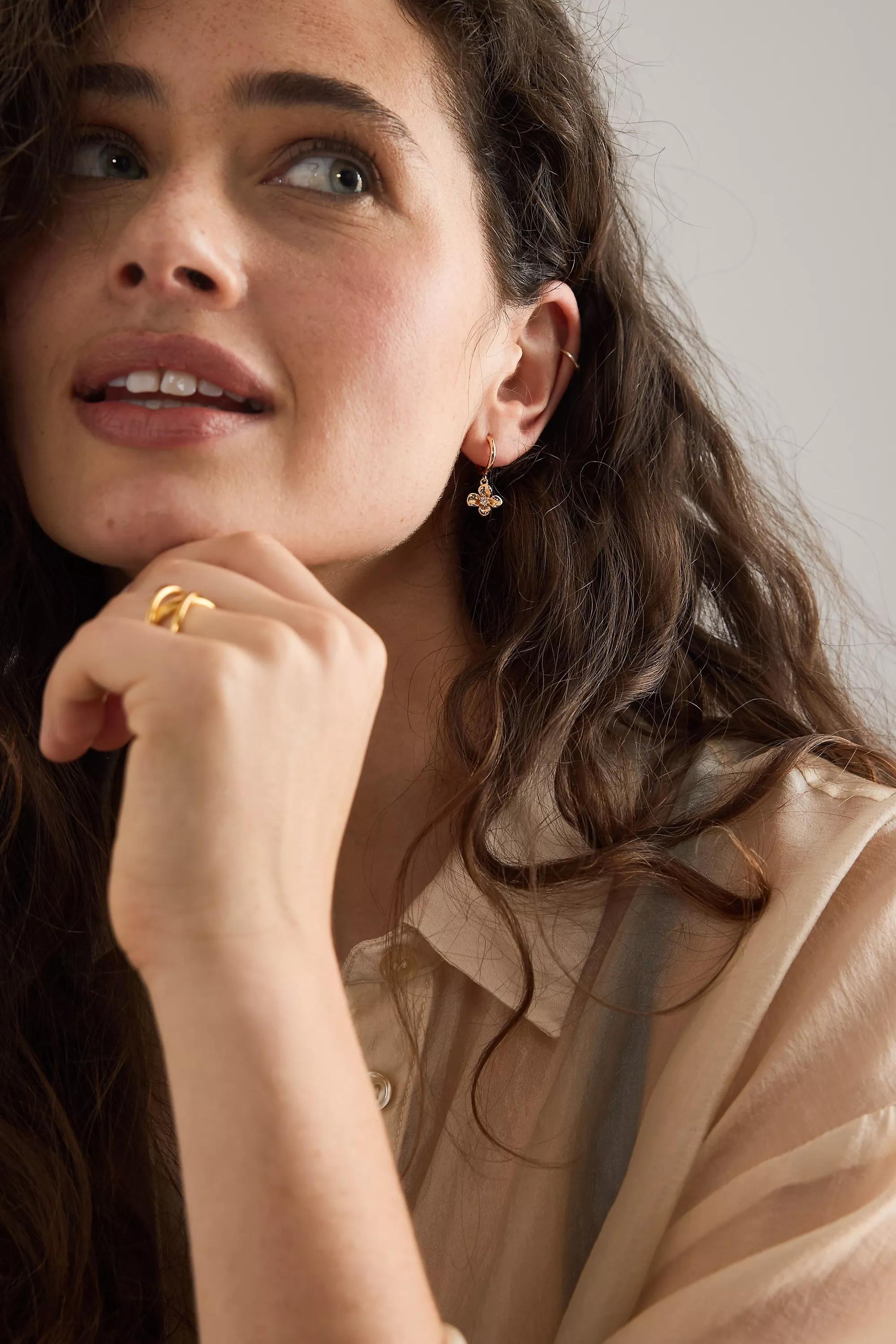 Gold-Plated Daisy Huggie Hoop Earrings, Gold, medium