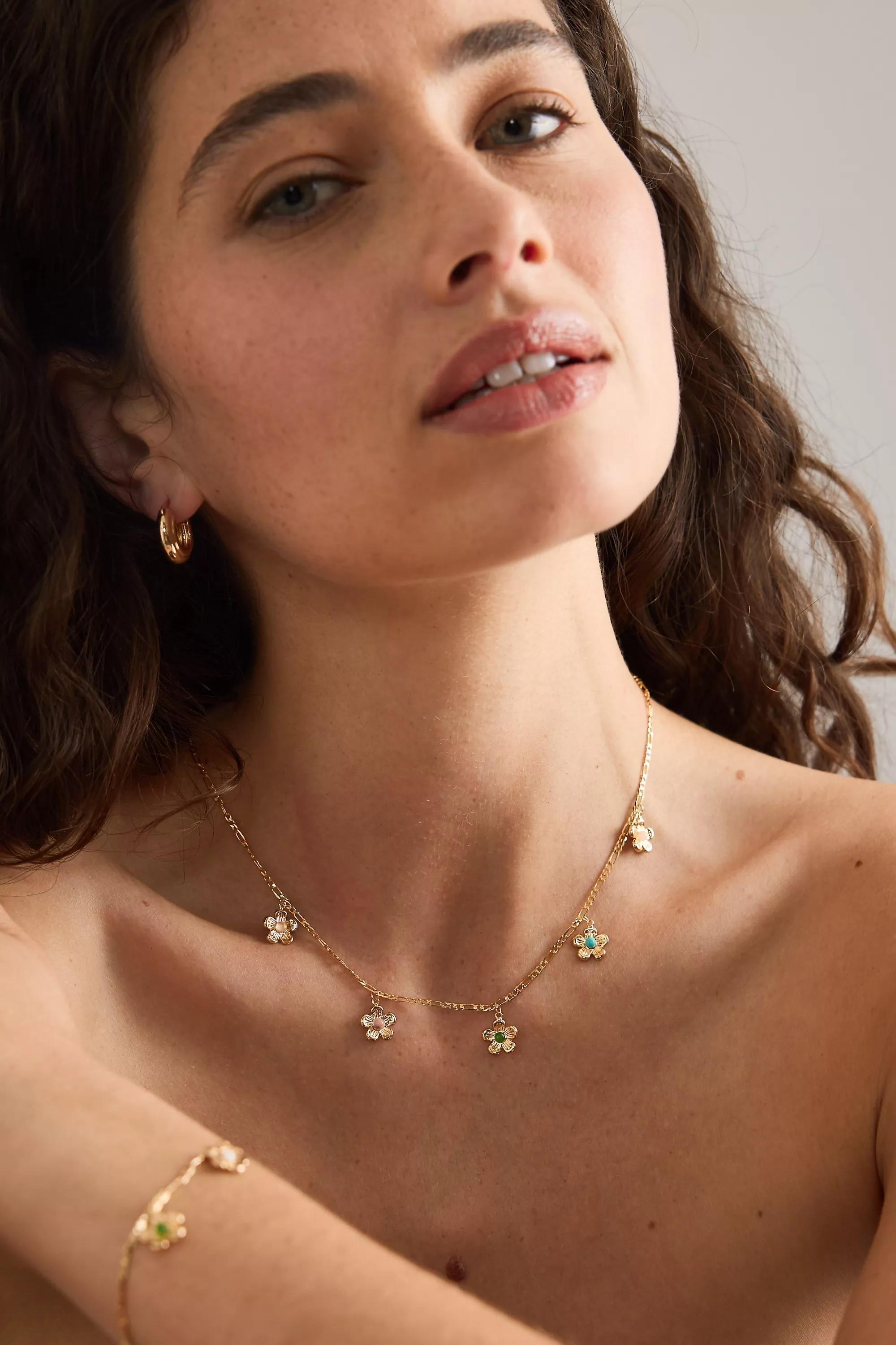 Gold-Plated Daisy Charm Necklace, Blue, A501_0040, large image number 0