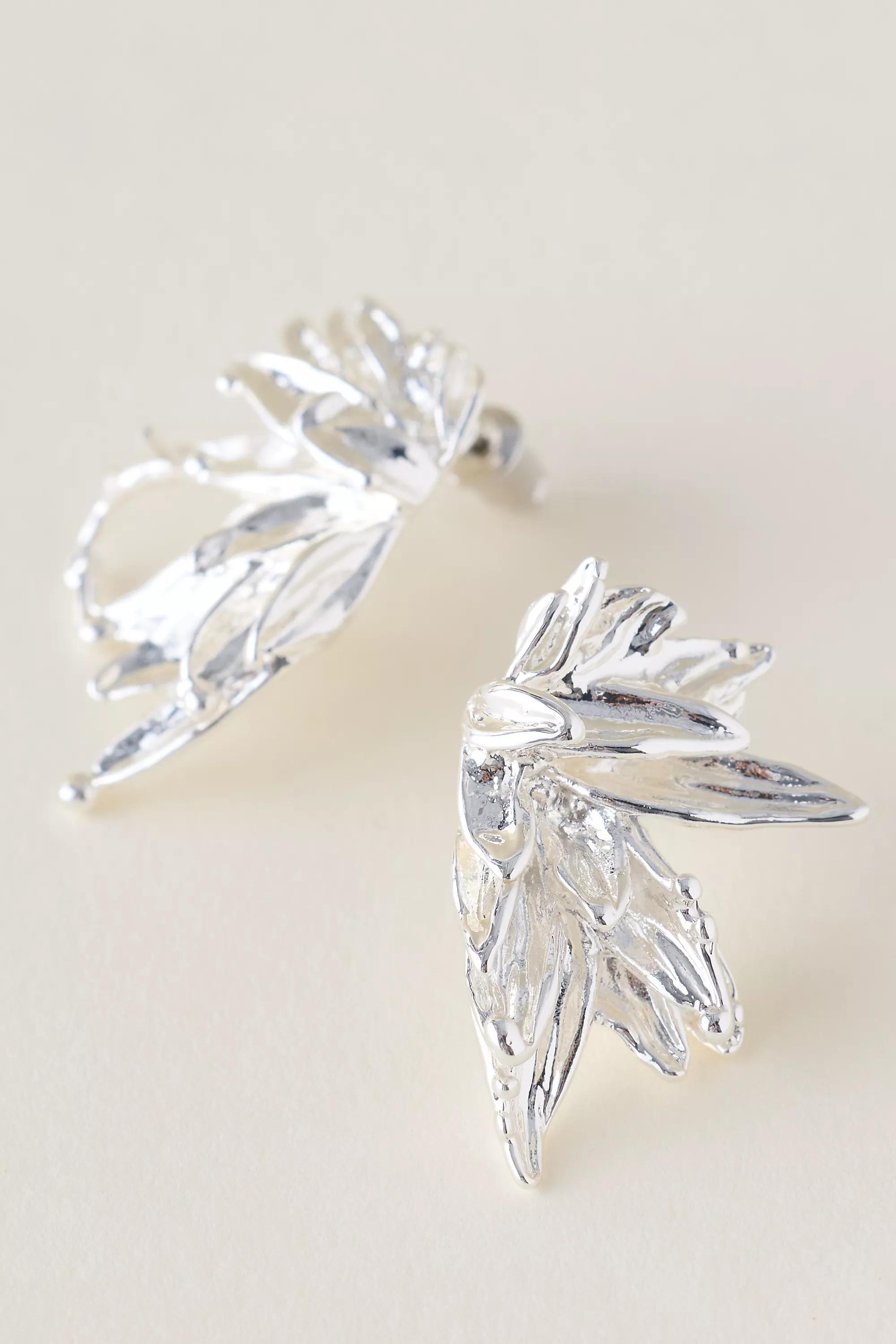 Floral Abstract Post Earrings, Silver, Silver, large image number 0