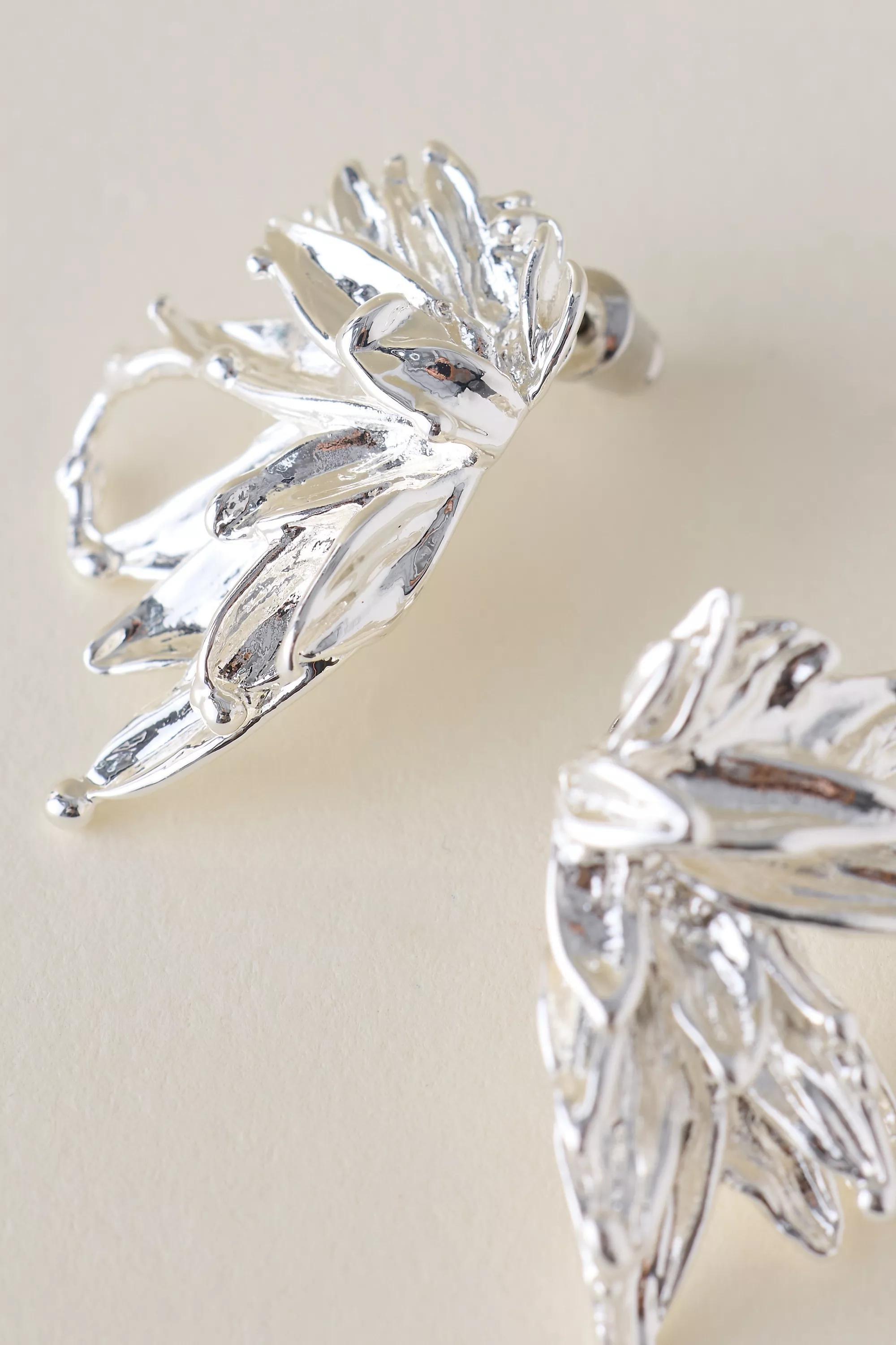 Floral Abstract Post Earrings, Silver, A501_0007, large image number 1