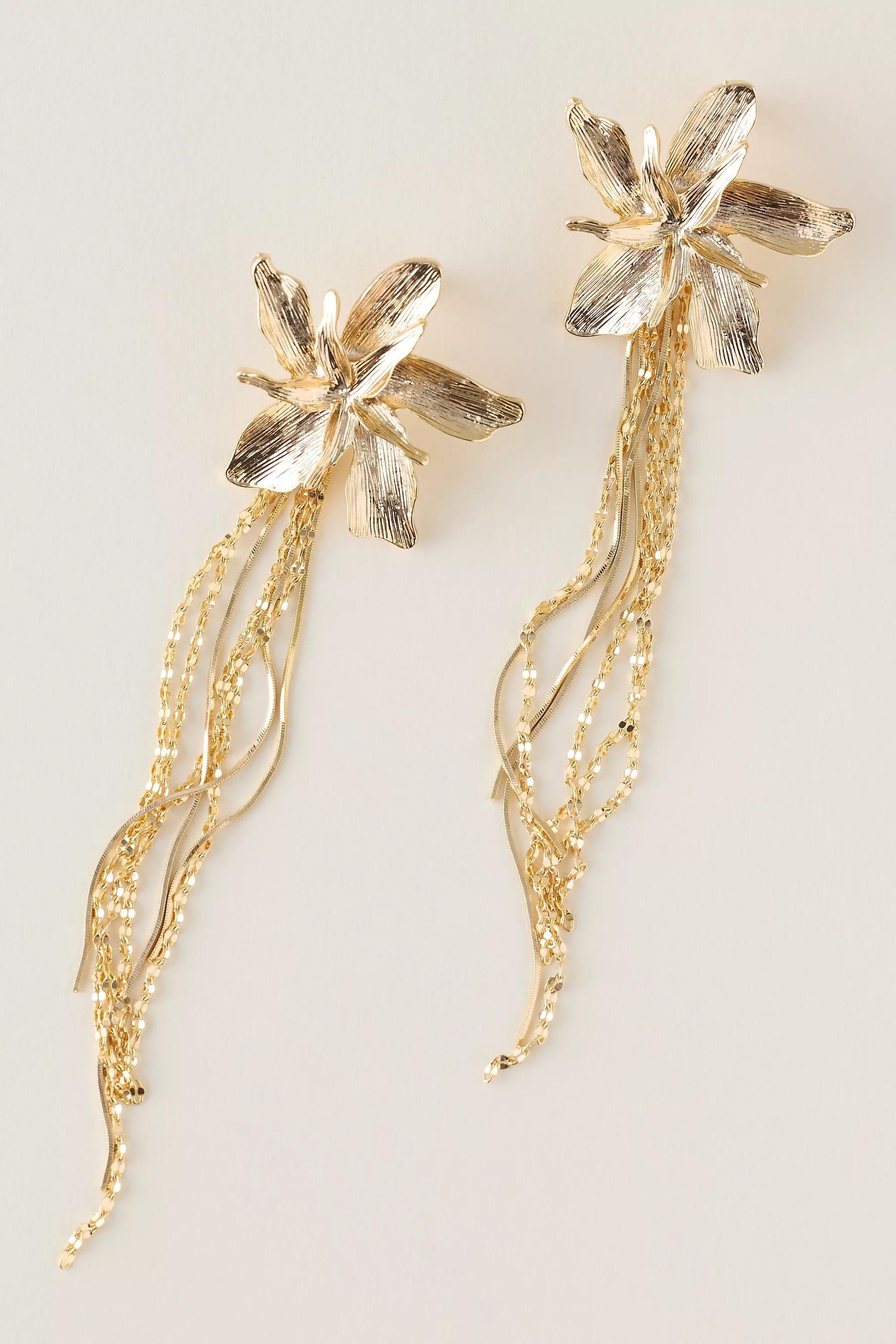 Gold-Plated Floral Statement Tassel Earrings, A501_0070, large image number 0