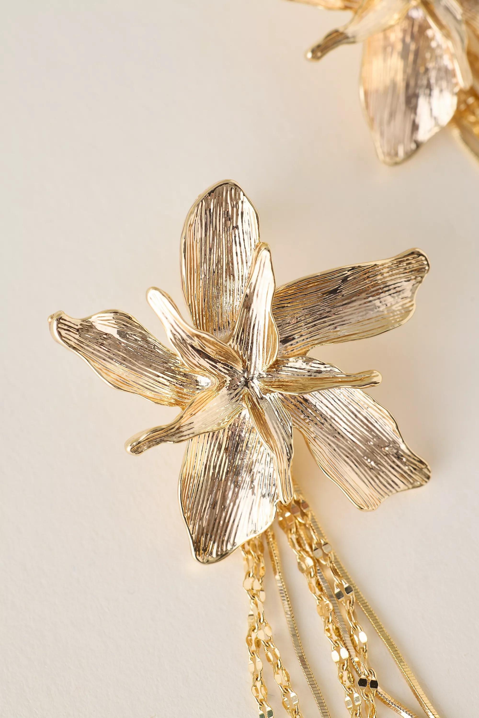 Gold-Plated Floral Statement Tassel Earrings, A501_0070, large image number 2