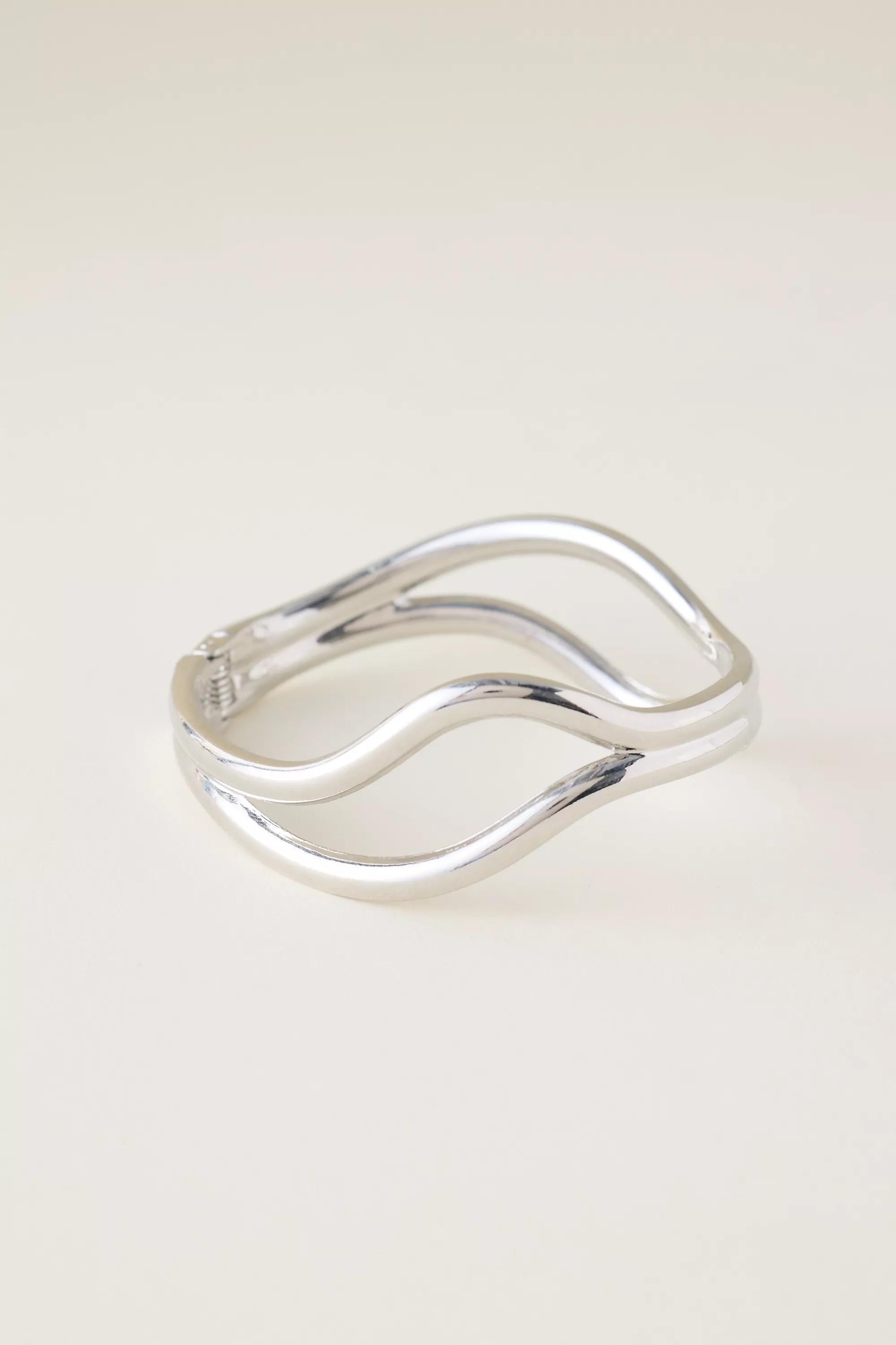 Waved Bangle Bracelet, Silver, A501_0007, medium