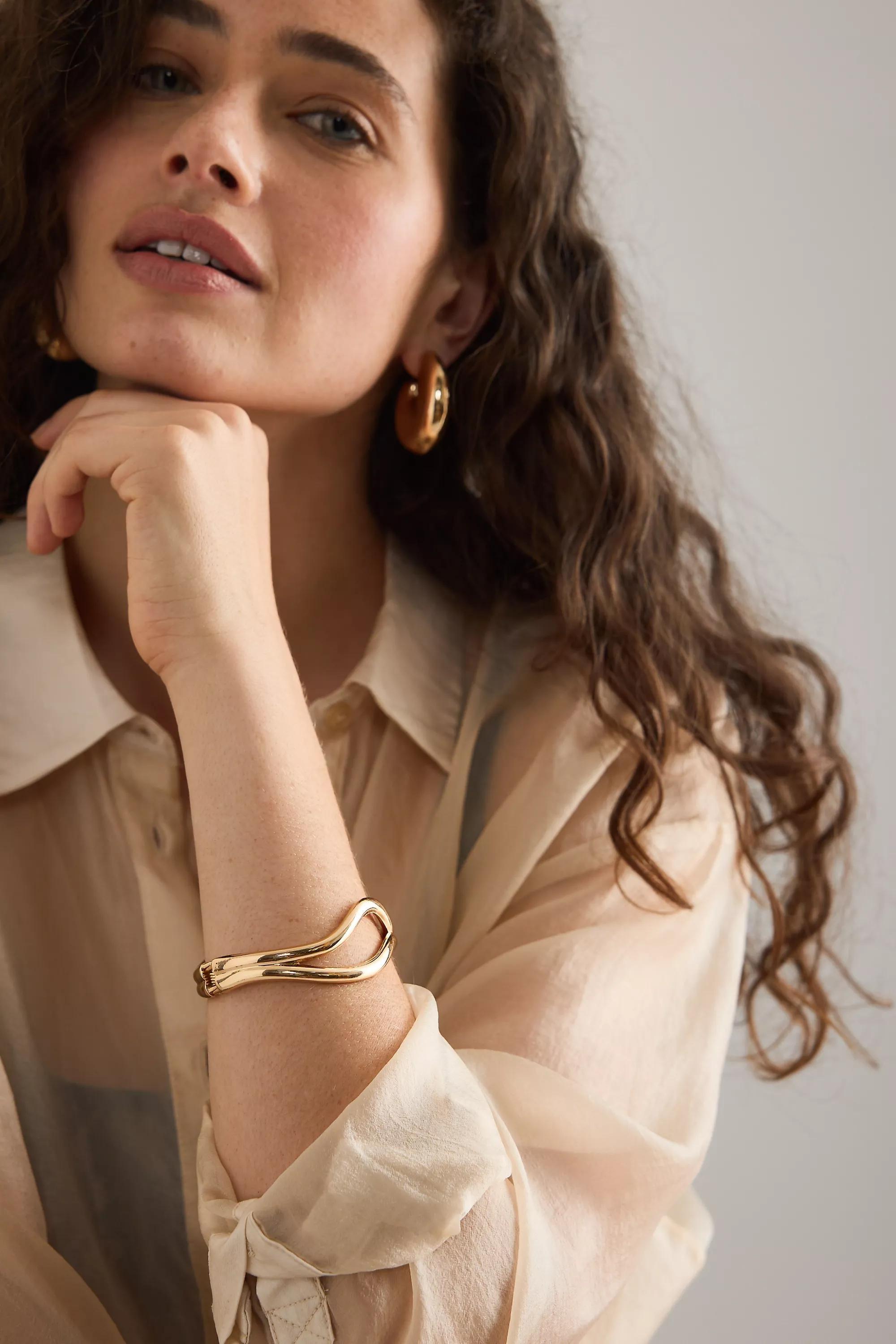 Waved Bangle Bracelet, Gold, A501_0070, large image number 0