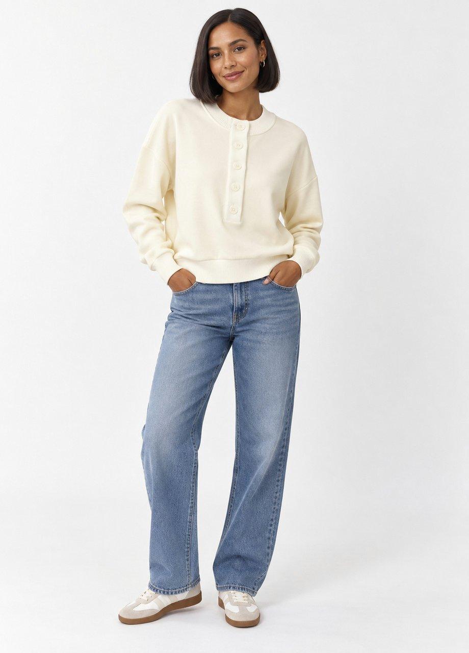 Buttoned Knit Sweatshirt, Cream, Cream, large image number 0