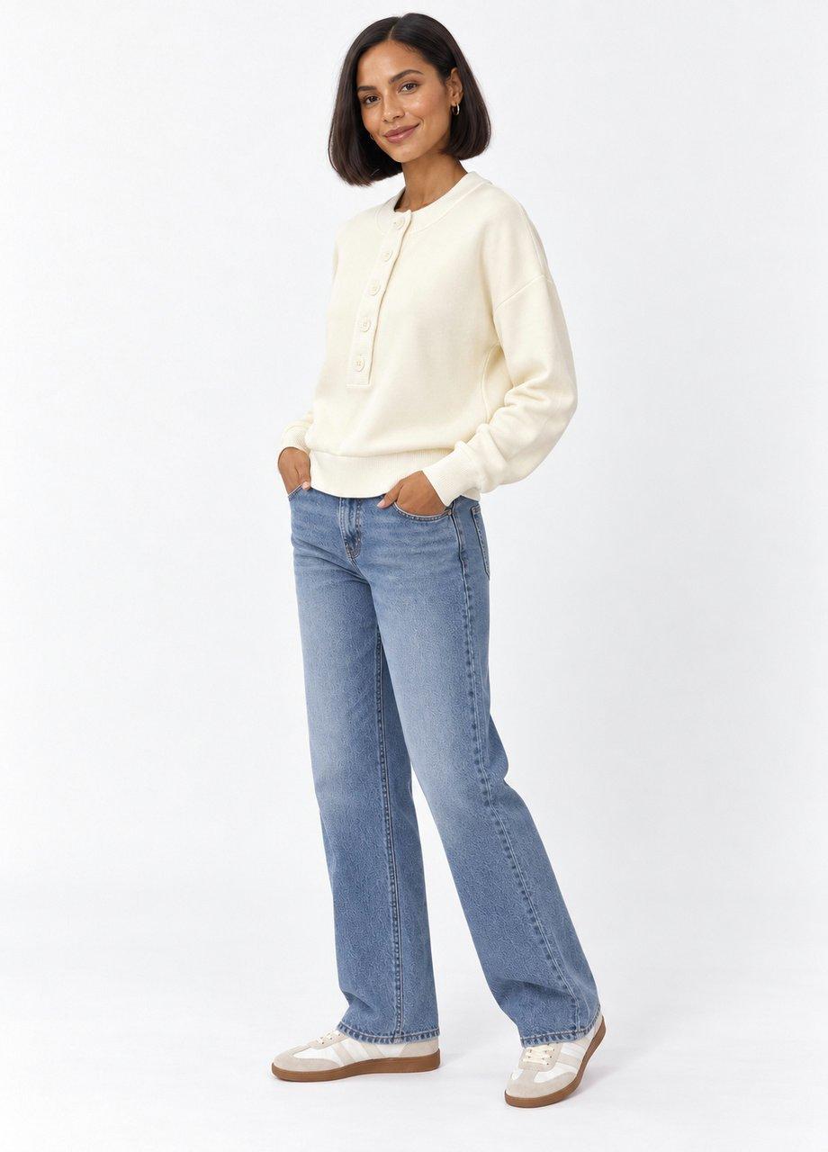 Buttoned Knit Sweatshirt, Cream, Cream, medium