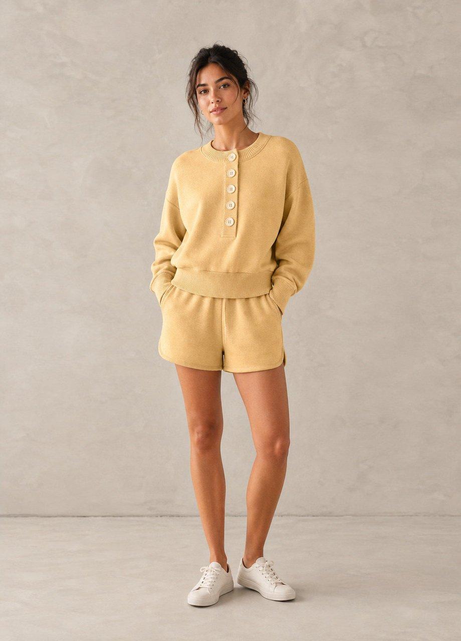 Buttoned Knit Sweatshirt, Yellow, Yellow, large image number 0