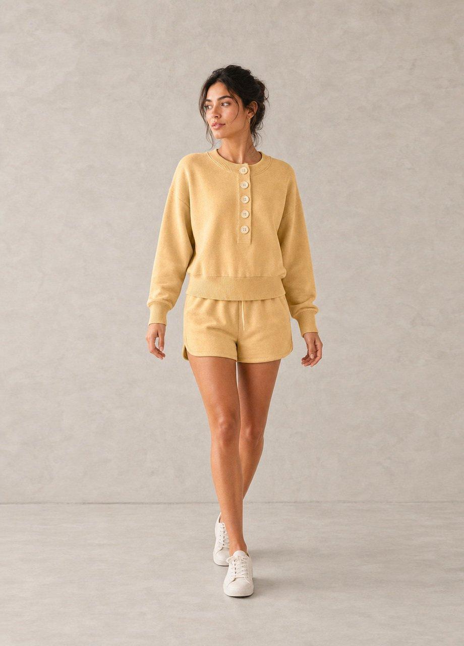 Buttoned Knit Sweatshirt, Yellow, Yellow, medium