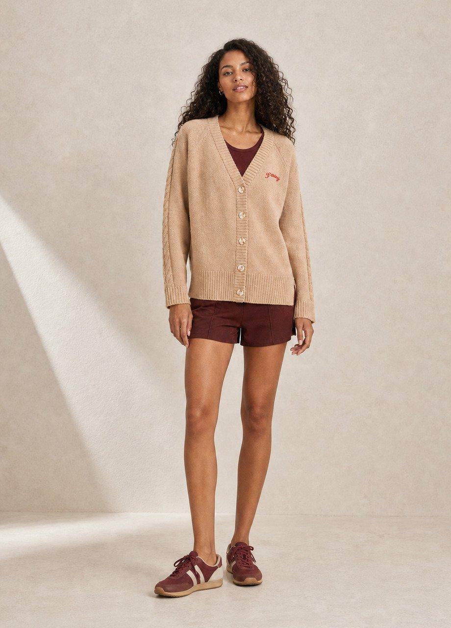 Embroidered Button-Up Knit Cardigan, Beige, Cream, large image number 0