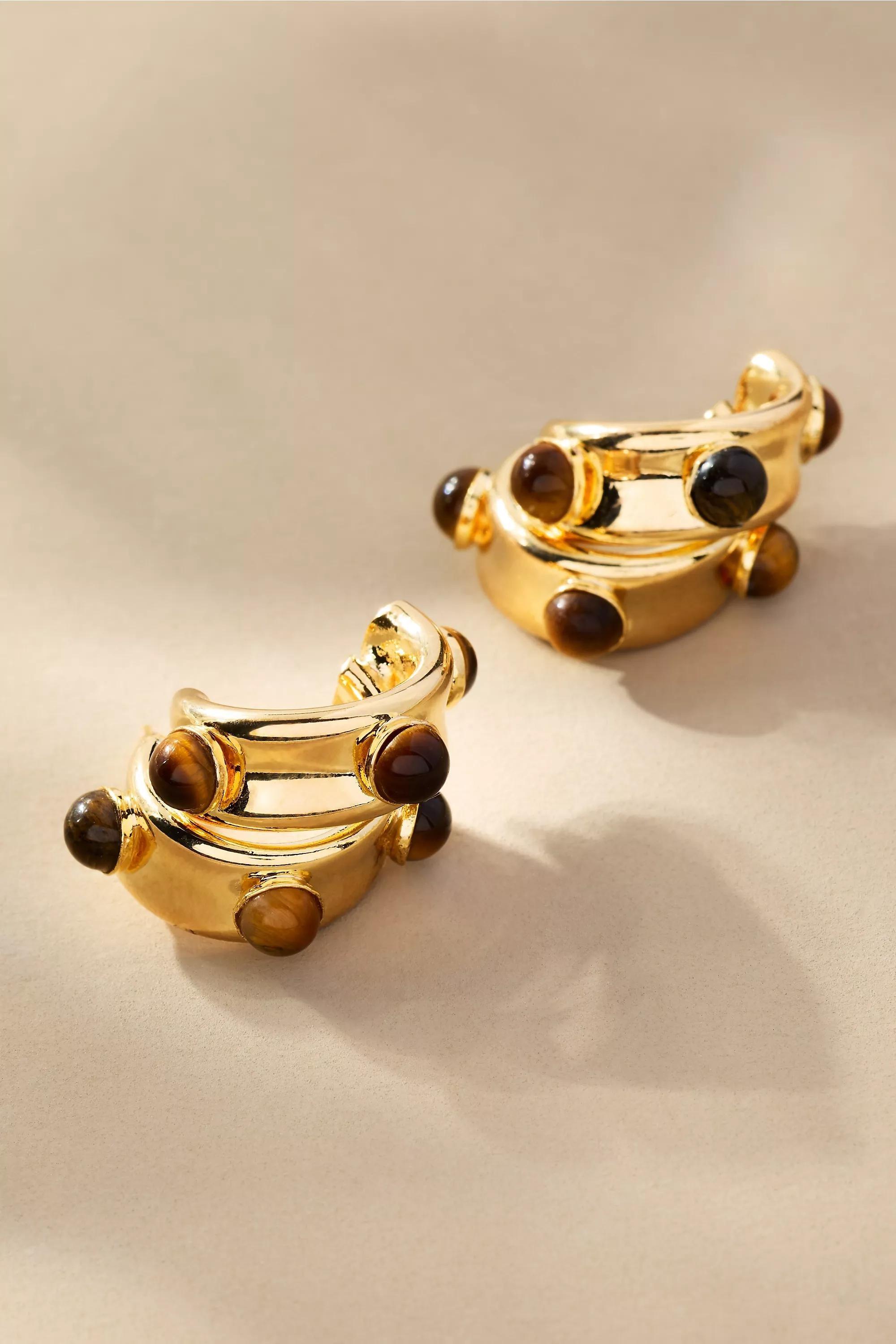 Stone Dot Curved Earrings, Brown, A501_0020, large image number 0